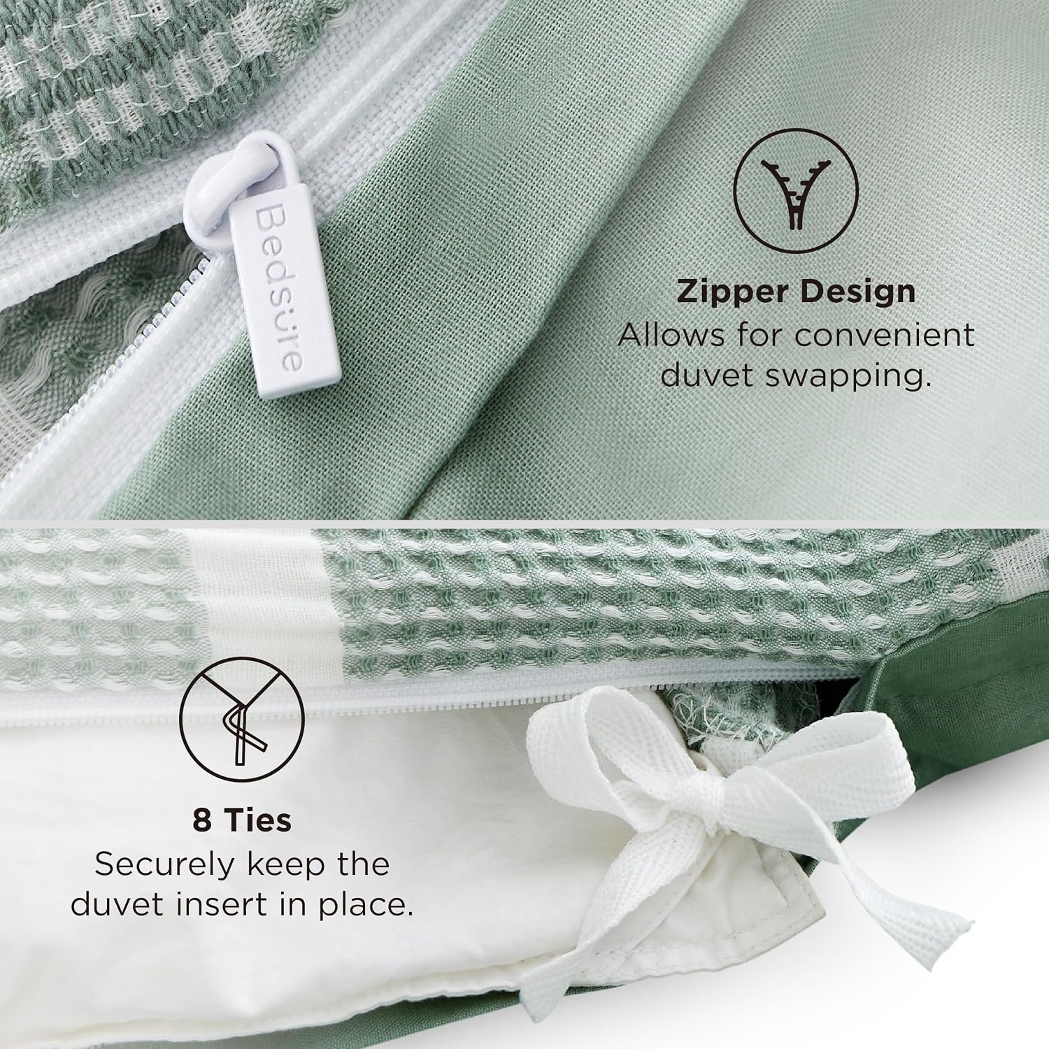 image:imageBedsure PureWoven 3 Pieces 100 Cotton Waffle Duvet Cover Set Queen White Waffle Weave Texture Soft SkinFriendly Breathable AllSeason Machine Washable Home Decor Gift Good Housekeeping Seal19 Strip Green No Comforter