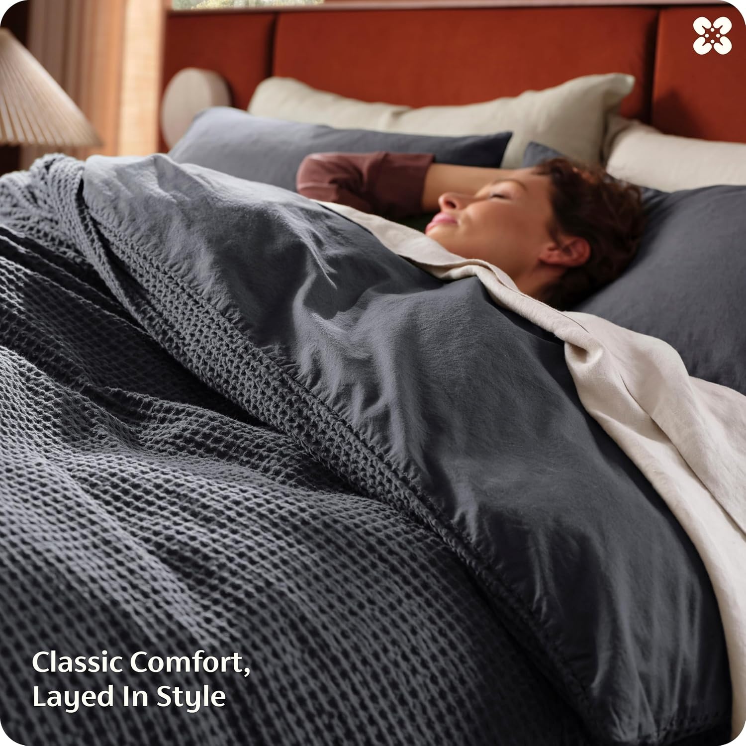 image:imageBedsure PureWoven 3 Pieces 100 Cotton Waffle Duvet Cover Set Queen White Waffle Weave Texture Soft SkinFriendly Breathable AllSeason Machine Washable Home Decor Gift Good Housekeeping Seal19 Charcoal Black No Comforter