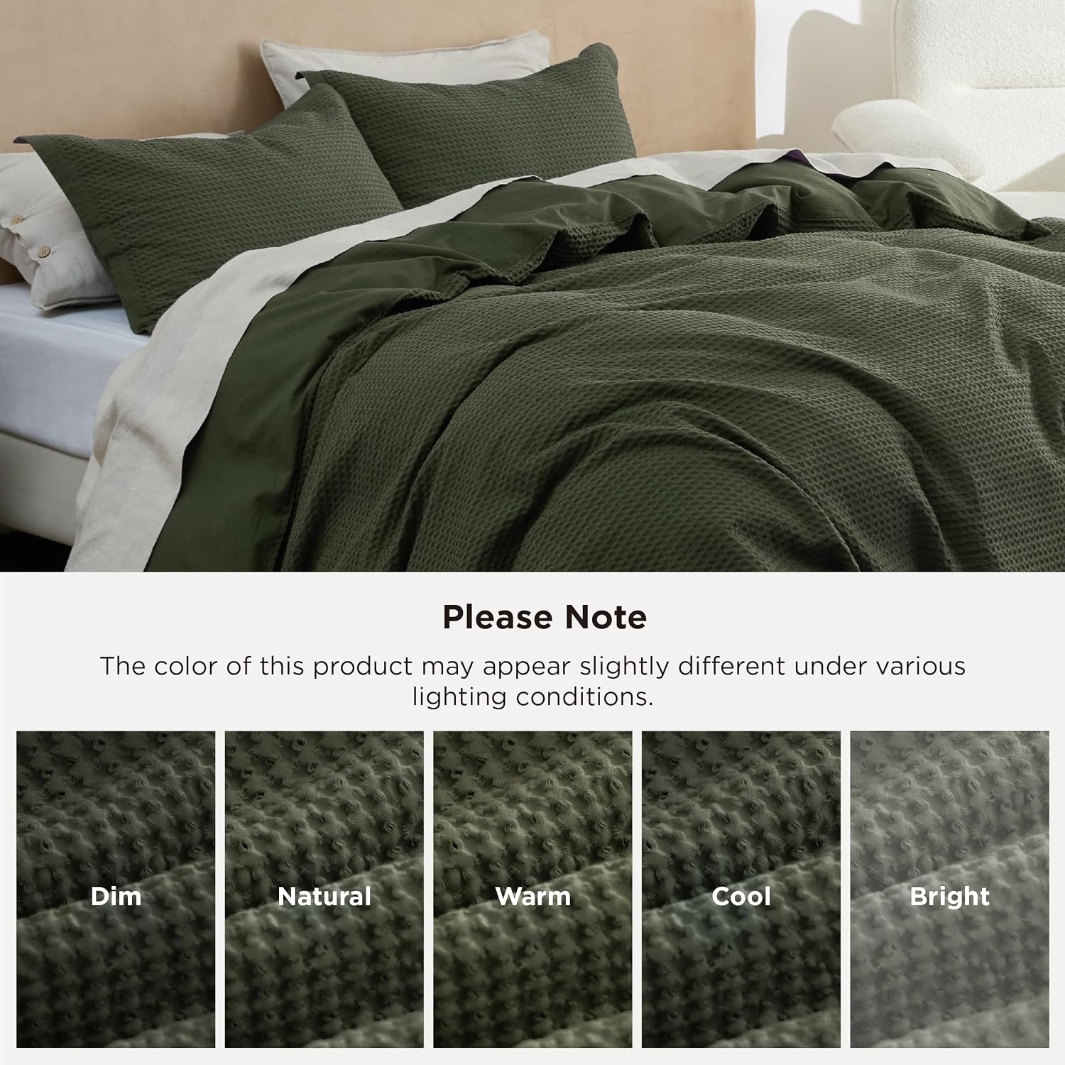 image:imageBedsure PureWoven 3 Pieces 100 Cotton Waffle Duvet Cover Set Queen White Waffle Weave Texture Soft SkinFriendly Breathable AllSeason Machine Washable Home Decor Gift Good Housekeeping Seal14 Olive Green No Comforter