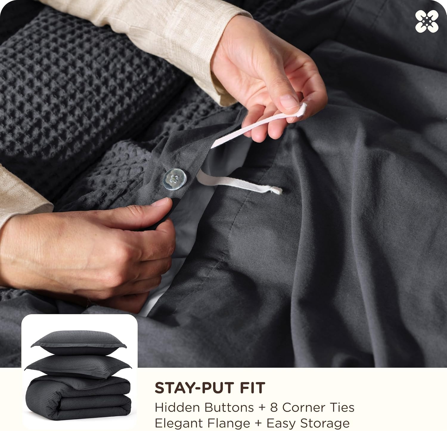image:imageBedsure PureWoven 3 Pieces 100 Cotton Waffle Duvet Cover Set Queen White Waffle Weave Texture Soft SkinFriendly Breathable AllSeason Machine Washable Home Decor Gift Good Housekeeping Seal19 Charcoal Black No Comforter