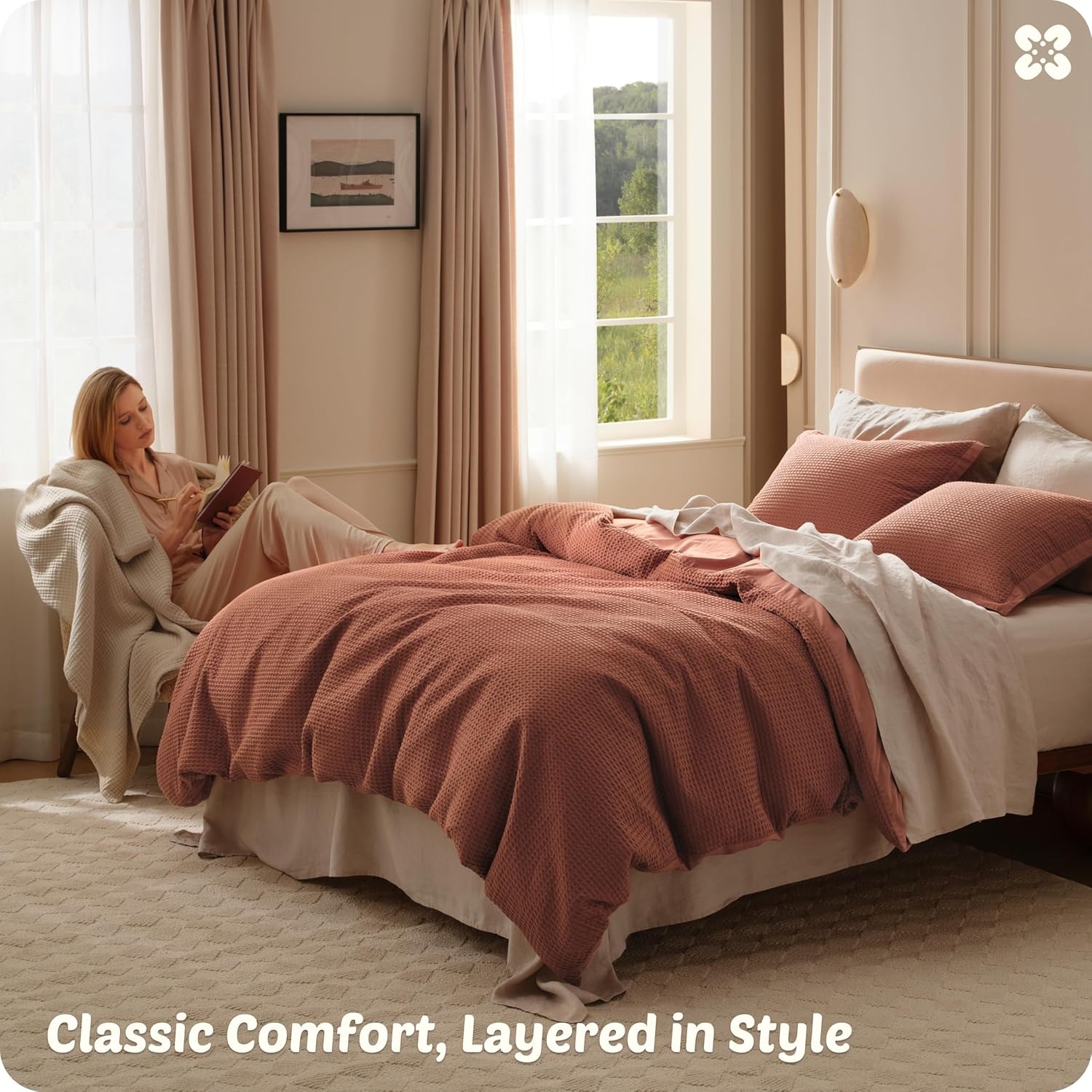 image:imageBedsure PureWoven 3 Pieces 100 Cotton Waffle Duvet Cover Set Queen White Waffle Weave Texture Soft SkinFriendly Breathable AllSeason Machine Washable Home Decor Gift Good Housekeeping Seal07 Burnt Orange No Comforter