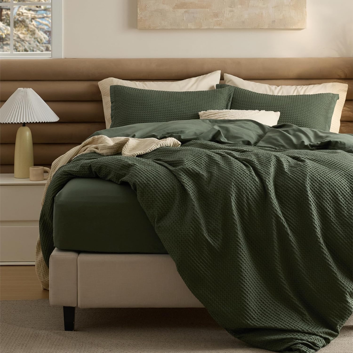 image:imageBedsure PureWoven 3 Pieces 100 Cotton Waffle Duvet Cover Set Queen White Waffle Weave Texture Soft SkinFriendly Breathable AllSeason Machine Washable Home Decor Gift Good Housekeeping Seal14 Olive Green No Comforter