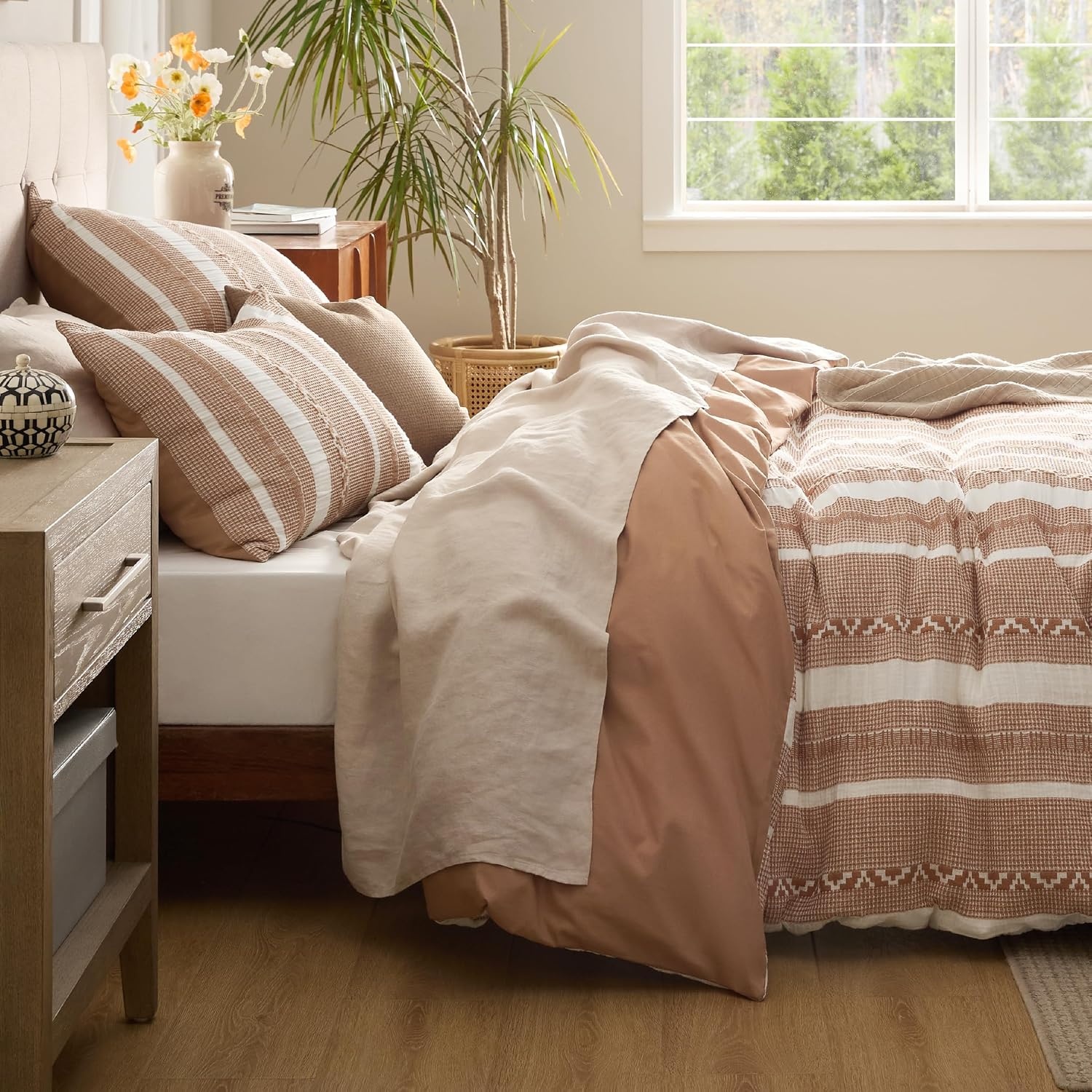 image:imageBedsure PureWoven 3 Pieces 100 Cotton Waffle Duvet Cover Set Queen White Waffle Weave Texture Soft SkinFriendly Breathable AllSeason Machine Washable Home Decor Gift Good Housekeeping Seal19 Strip Terracotta No Comforter