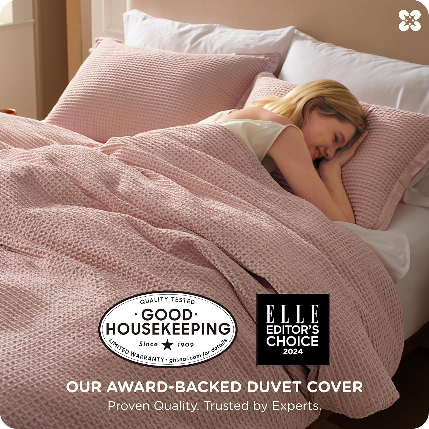 image:imageBedsure PureWoven 3 Pieces 100 Cotton Waffle Duvet Cover Set Queen White Waffle Weave Texture Soft SkinFriendly Breathable AllSeason Machine Washable Home Decor Gift Good Housekeeping Seal09 Pink No Comforter