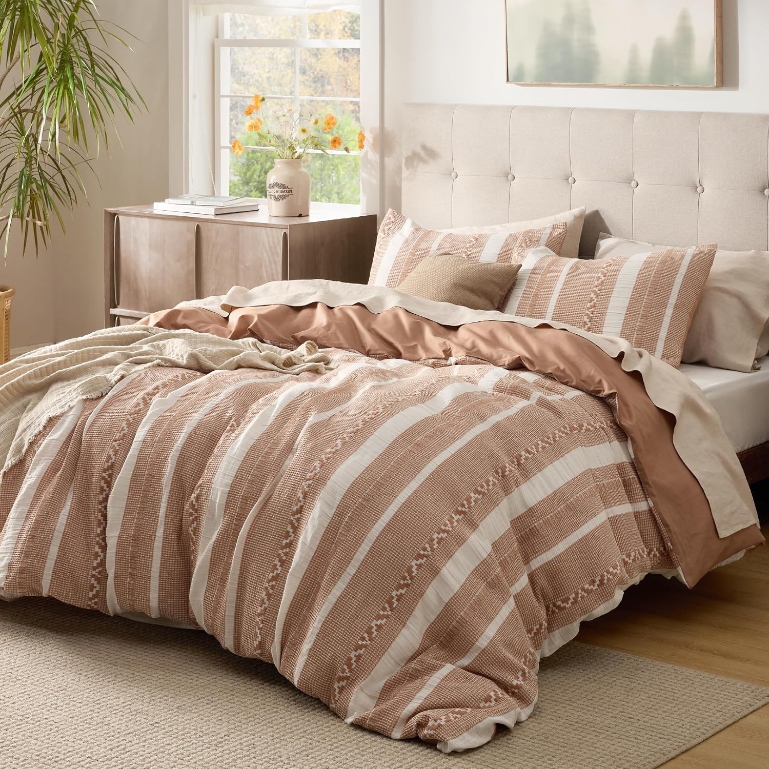 image:imageBedsure PureWoven 3 Pieces 100 Cotton Waffle Duvet Cover Set Queen White Waffle Weave Texture Soft SkinFriendly Breathable AllSeason Machine Washable Home Decor Gift Good Housekeeping Seal19 Strip Terracotta No Comforter
