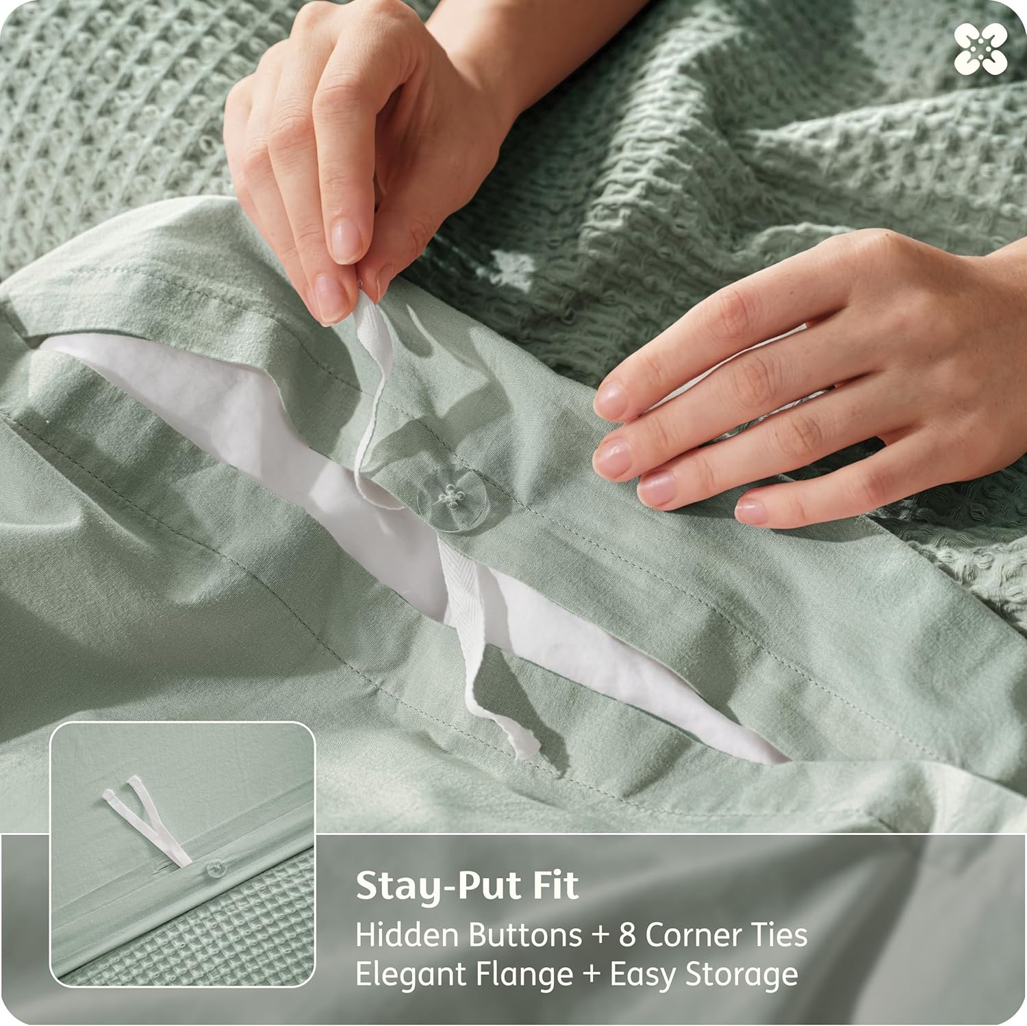 image:imageBedsure PureWoven 3 Pieces 100 Cotton Waffle Duvet Cover Set Queen White Waffle Weave Texture Soft SkinFriendly Breathable AllSeason Machine Washable Home Decor Gift Good Housekeeping Seal11 Sage Green No Comforter