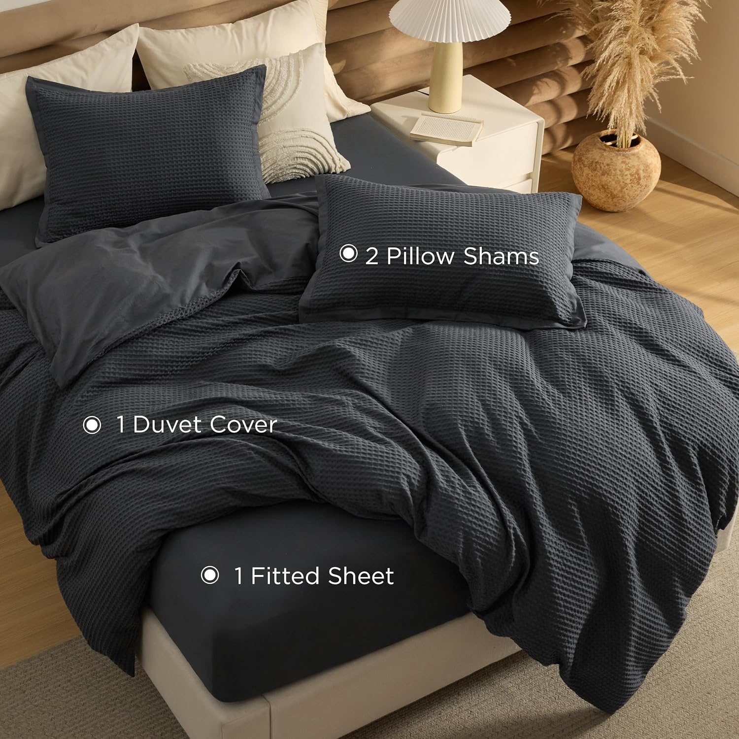 image:imageBedsure PureWoven 3 Pieces 100 Cotton Waffle Duvet Cover Set Queen White Waffle Weave Texture Soft SkinFriendly Breathable AllSeason Machine Washable Home Decor Gift Good Housekeeping Seal19 Charcoal Black No Comforter