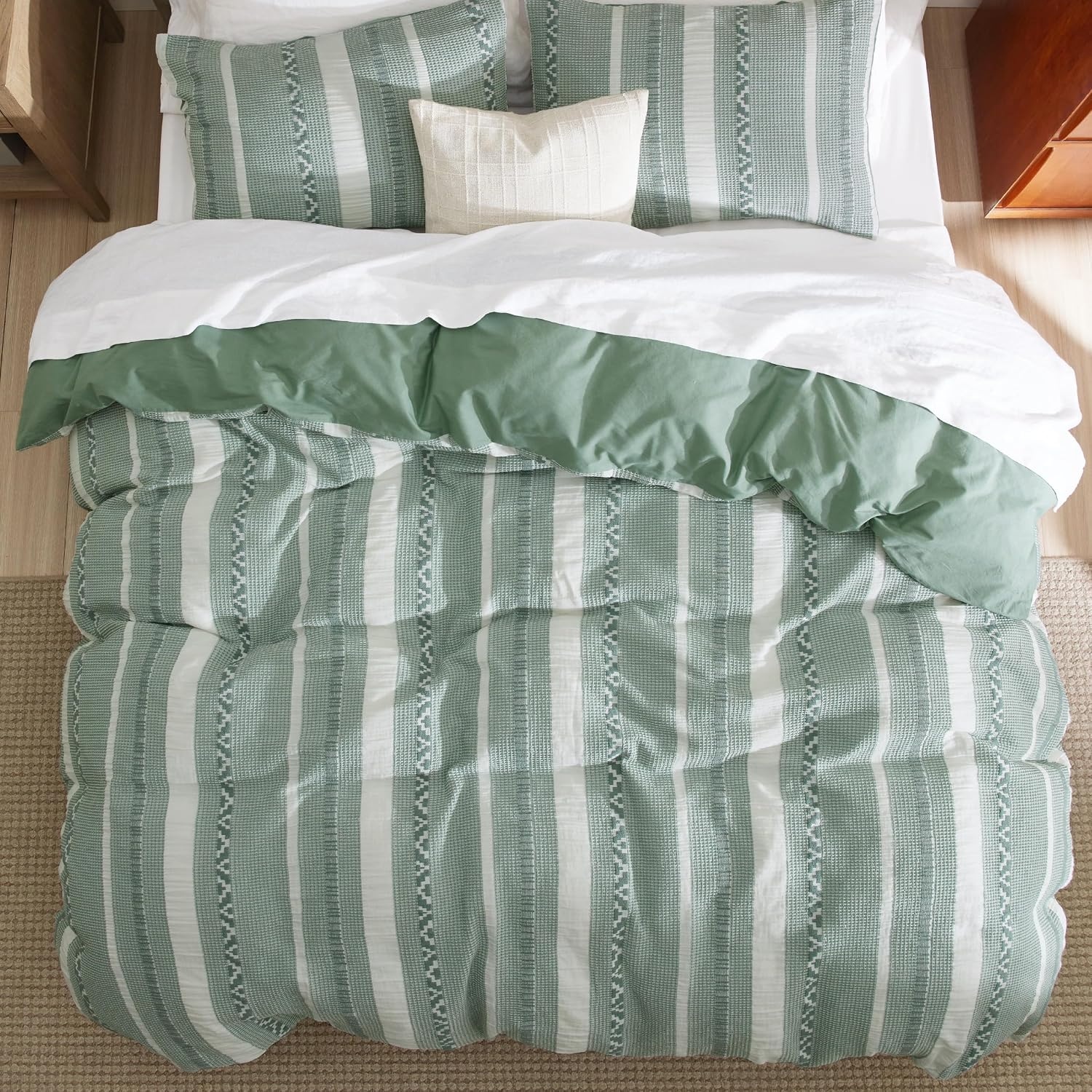 image:imageBedsure PureWoven 3 Pieces 100 Cotton Waffle Duvet Cover Set Queen White Waffle Weave Texture Soft SkinFriendly Breathable AllSeason Machine Washable Home Decor Gift Good Housekeeping Seal19 Strip Green No Comforter