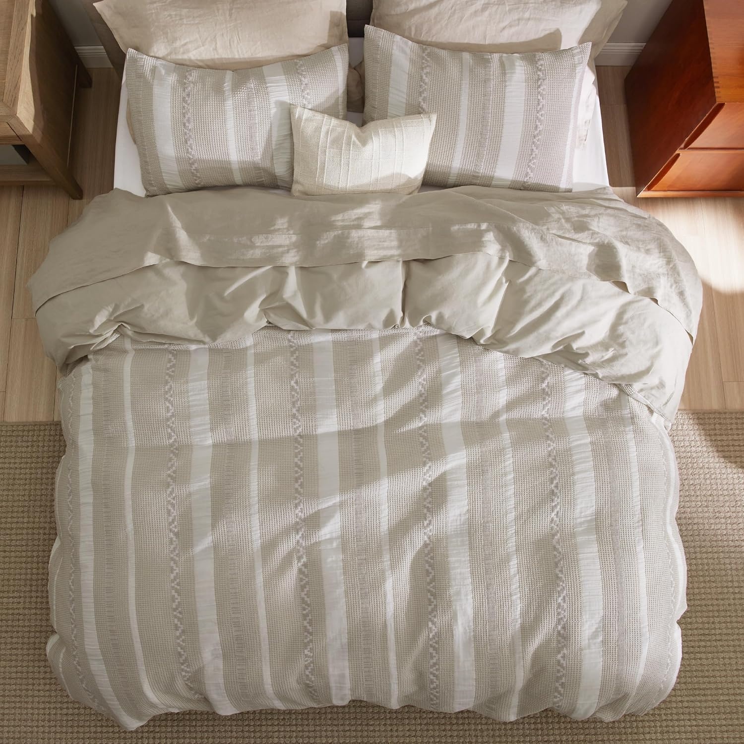 image:imageBedsure PureWoven 3 Pieces 100 Cotton Waffle Duvet Cover Set Queen White Waffle Weave Texture Soft SkinFriendly Breathable AllSeason Machine Washable Home Decor Gift Good Housekeeping Seal19 Strip Linen No Comforter