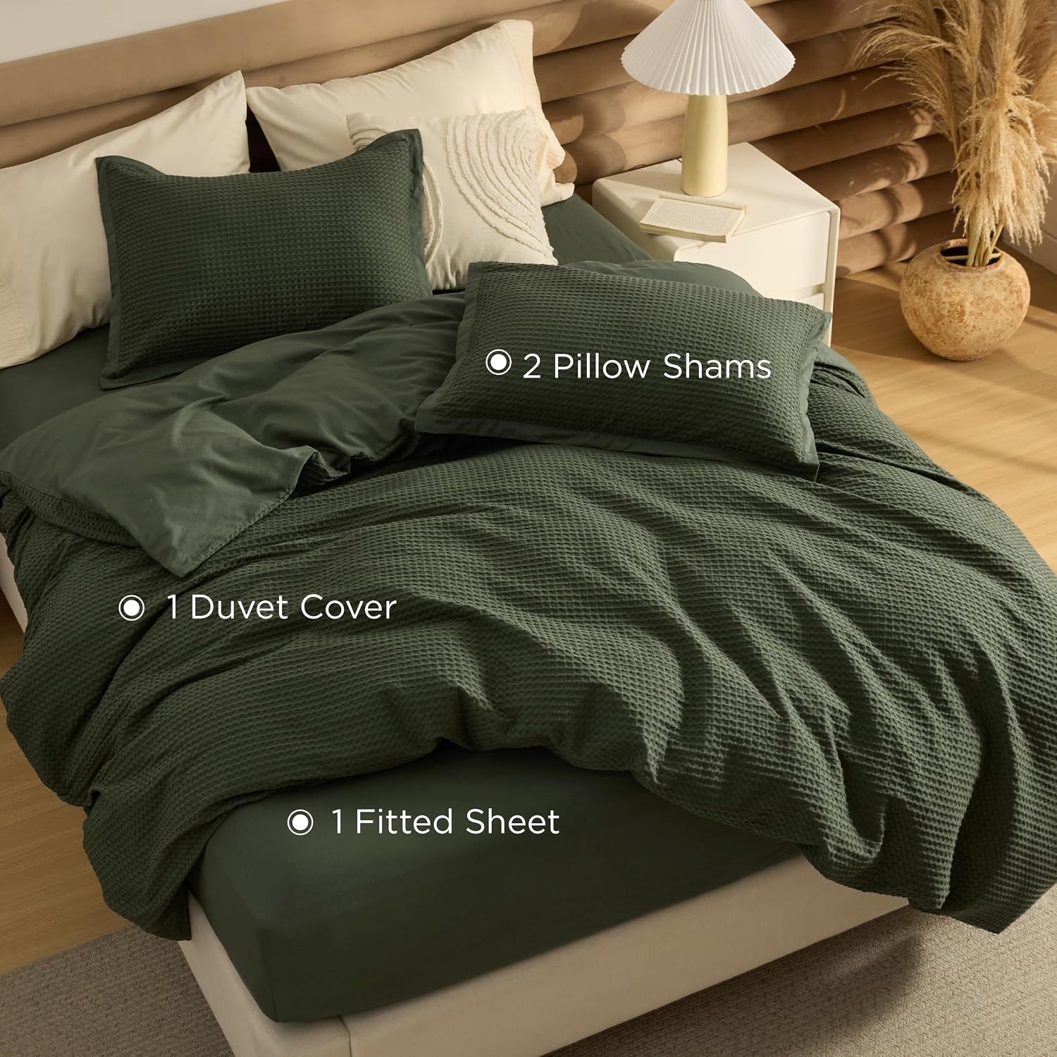 image:imageBedsure PureWoven 3 Pieces 100 Cotton Waffle Duvet Cover Set Queen White Waffle Weave Texture Soft SkinFriendly Breathable AllSeason Machine Washable Home Decor Gift Good Housekeeping Seal14 Olive Green No Comforter