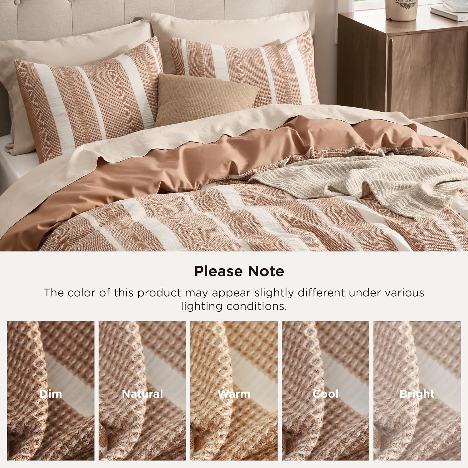 image:imageBedsure PureWoven 3 Pieces 100 Cotton Waffle Duvet Cover Set Queen White Waffle Weave Texture Soft SkinFriendly Breathable AllSeason Machine Washable Home Decor Gift Good Housekeeping Seal19 Strip Terracotta No Comforter