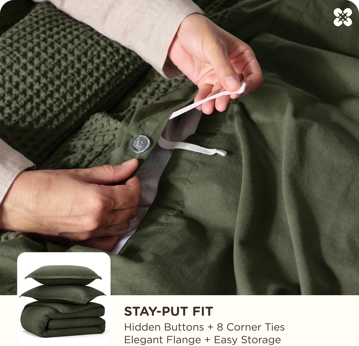 image:imageBedsure PureWoven 3 Pieces 100 Cotton Waffle Duvet Cover Set Queen White Waffle Weave Texture Soft SkinFriendly Breathable AllSeason Machine Washable Home Decor Gift Good Housekeeping Seal14 Olive Green No Comforter