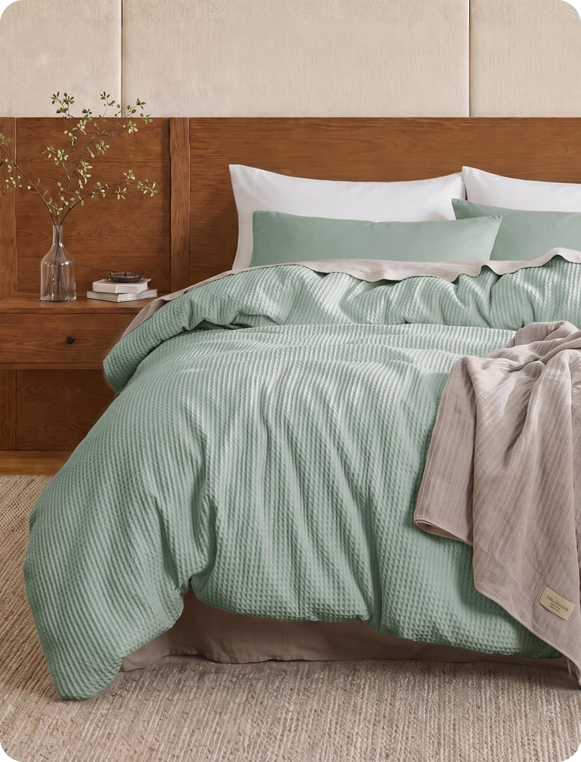 image:imageBedsure PureWoven 3 Pieces 100 Cotton Waffle Duvet Cover Set Queen White Waffle Weave Texture Soft SkinFriendly Breathable AllSeason Machine Washable Home Decor Gift Good Housekeeping Seal11 Sage Green No Comforter