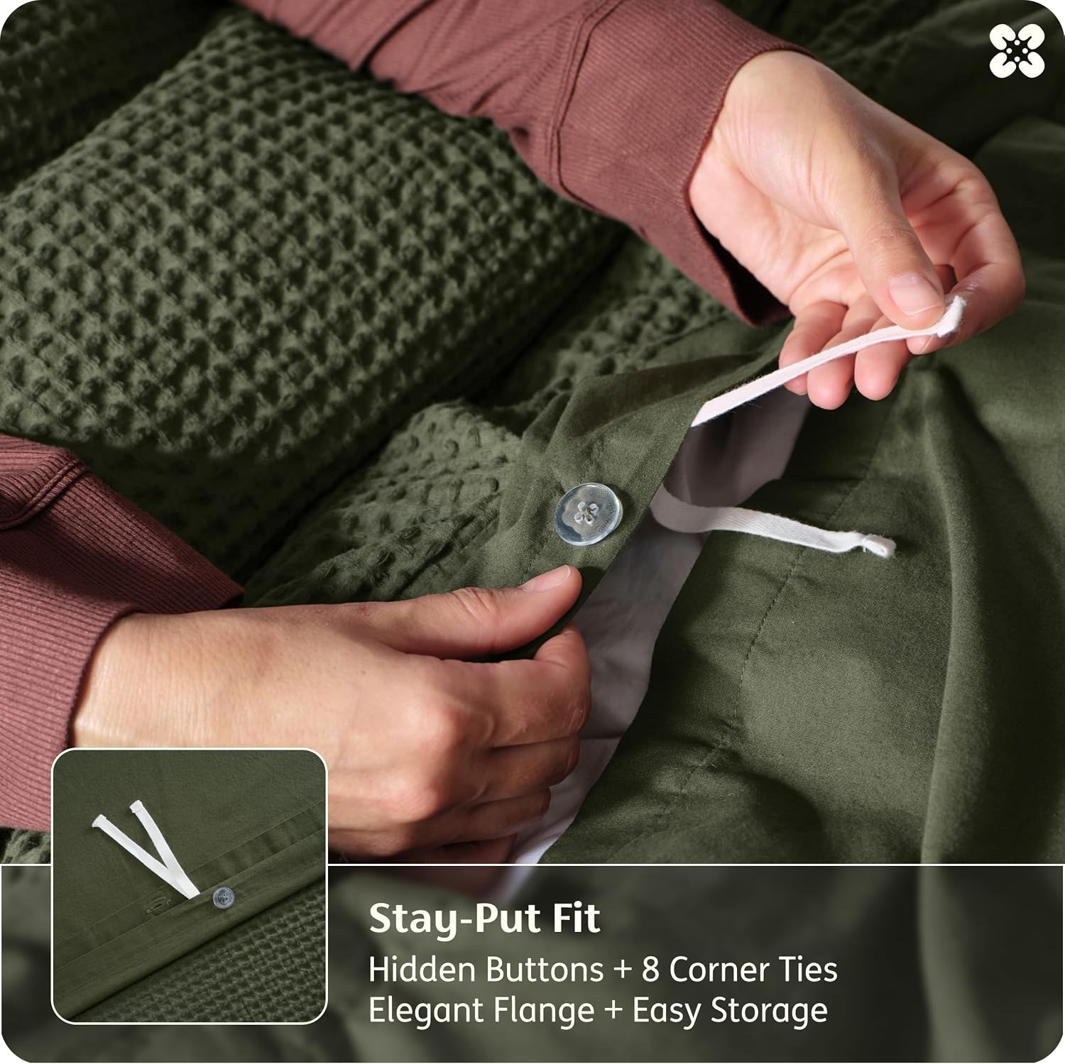 image:imageBedsure PureWoven 3 Pieces 100 Cotton Waffle Duvet Cover Set Queen White Waffle Weave Texture Soft SkinFriendly Breathable AllSeason Machine Washable Home Decor Gift Good Housekeeping Seal14 Olive Green No Comforter