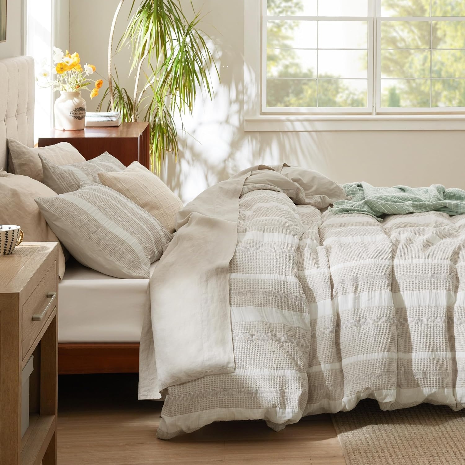 image:imageBedsure PureWoven 3 Pieces 100 Cotton Waffle Duvet Cover Set Queen White Waffle Weave Texture Soft SkinFriendly Breathable AllSeason Machine Washable Home Decor Gift Good Housekeeping Seal19 Strip Linen No Comforter