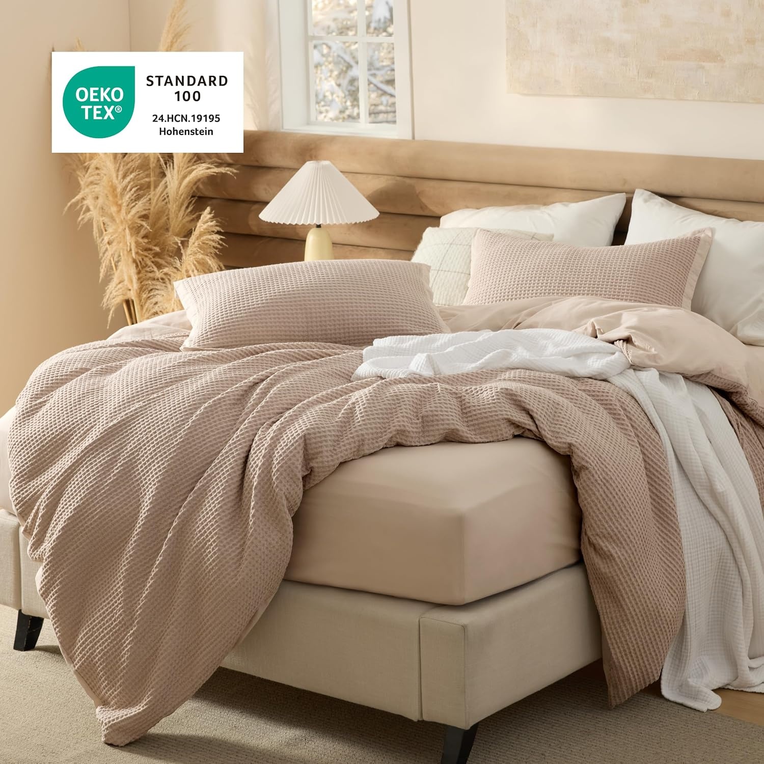 image:imageBedsure PureWoven 3 Pieces 100 Cotton Waffle Duvet Cover Set Queen White Waffle Weave Texture Soft SkinFriendly Breathable AllSeason Machine Washable Home Decor Gift Good Housekeeping Seal05 Khaki No Comforter