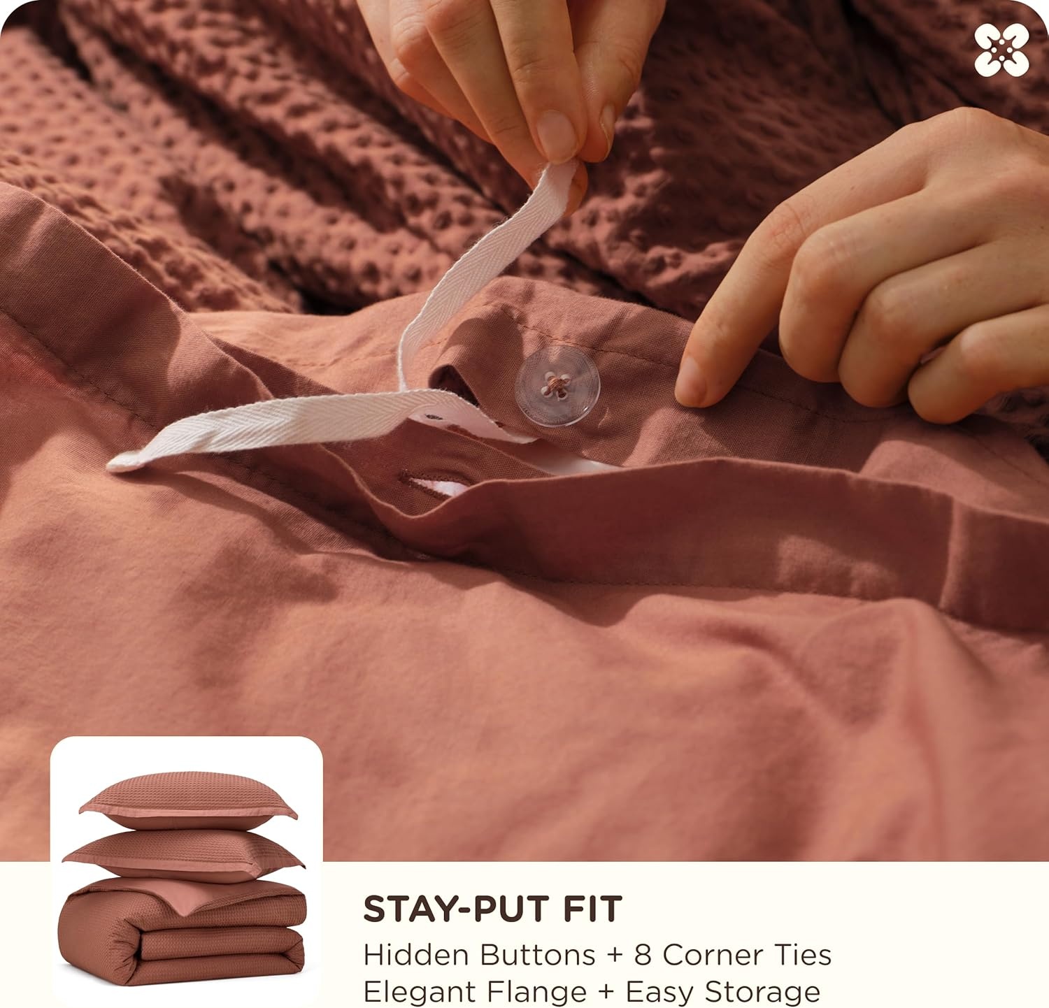 image:imageBedsure PureWoven 3 Pieces 100 Cotton Waffle Duvet Cover Set Queen White Waffle Weave Texture Soft SkinFriendly Breathable AllSeason Machine Washable Home Decor Gift Good Housekeeping Seal07 Burnt Orange No Comforter