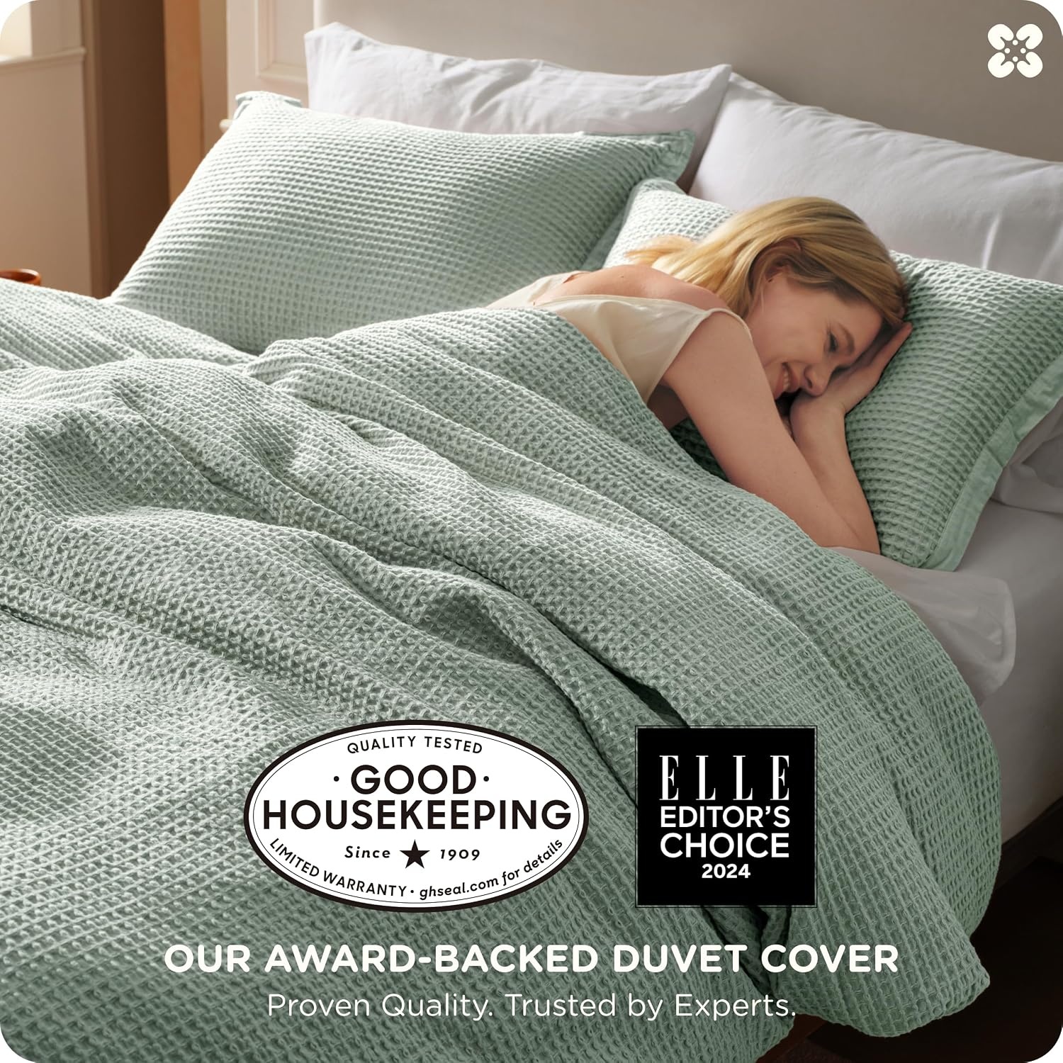 image:imageBedsure PureWoven 3 Pieces 100 Cotton Waffle Duvet Cover Set Queen White Waffle Weave Texture Soft SkinFriendly Breathable AllSeason Machine Washable Home Decor Gift Good Housekeeping Seal11 Sage Green No Comforter