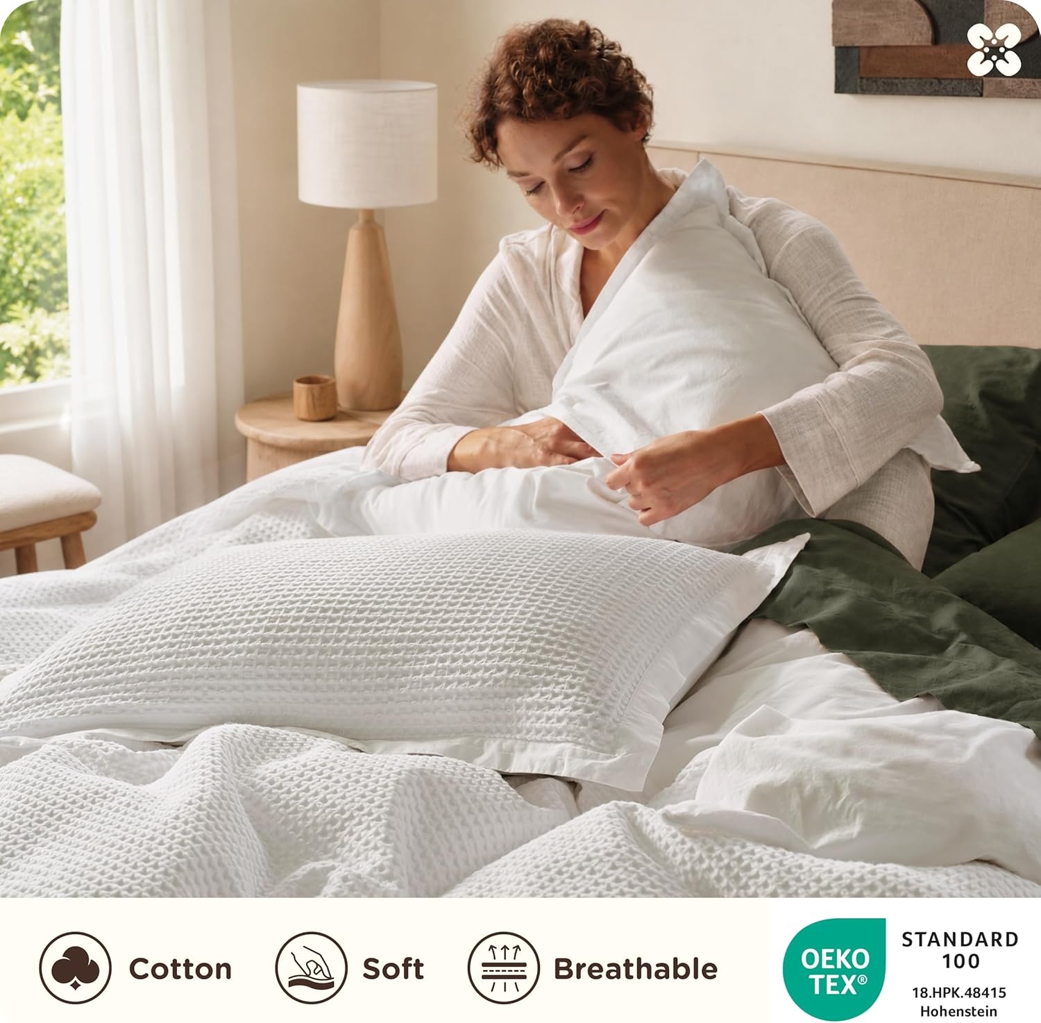 image:imageBedsure PureWoven 3 Pieces 100 Cotton Waffle Duvet Cover Set Queen White Waffle Weave Texture Soft SkinFriendly Breathable AllSeason Machine Washable Home Decor Gift Good Housekeeping Seal01 Coconut White No Comforter