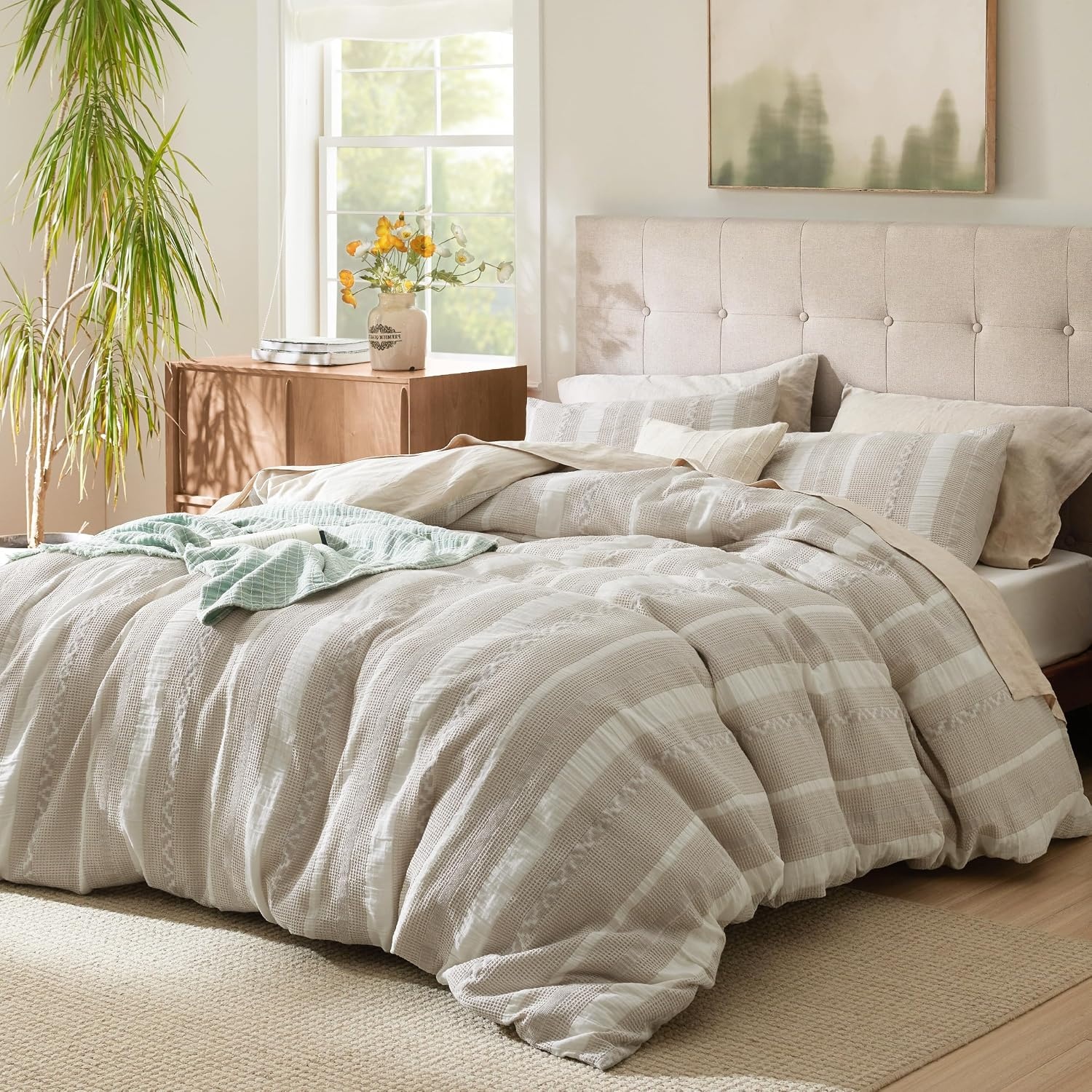 image:imageBedsure PureWoven 3 Pieces 100 Cotton Waffle Duvet Cover Set Queen White Waffle Weave Texture Soft SkinFriendly Breathable AllSeason Machine Washable Home Decor Gift Good Housekeeping Seal19 Strip Linen No Comforter