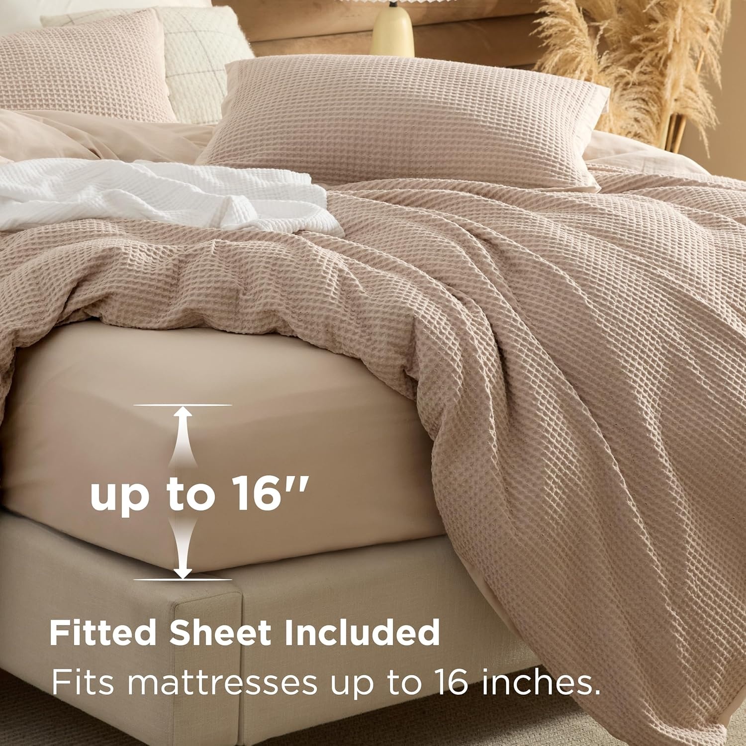 image:imageBedsure PureWoven 3 Pieces 100 Cotton Waffle Duvet Cover Set Queen White Waffle Weave Texture Soft SkinFriendly Breathable AllSeason Machine Washable Home Decor Gift Good Housekeeping Seal05 Khaki No Comforter