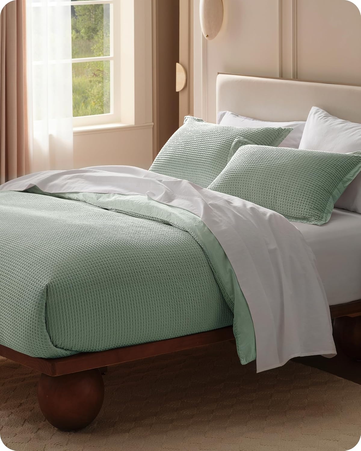image:imageBedsure PureWoven 3 Pieces 100 Cotton Waffle Duvet Cover Set Queen White Waffle Weave Texture Soft SkinFriendly Breathable AllSeason Machine Washable Home Decor Gift Good Housekeeping Seal11 Sage Green No Comforter