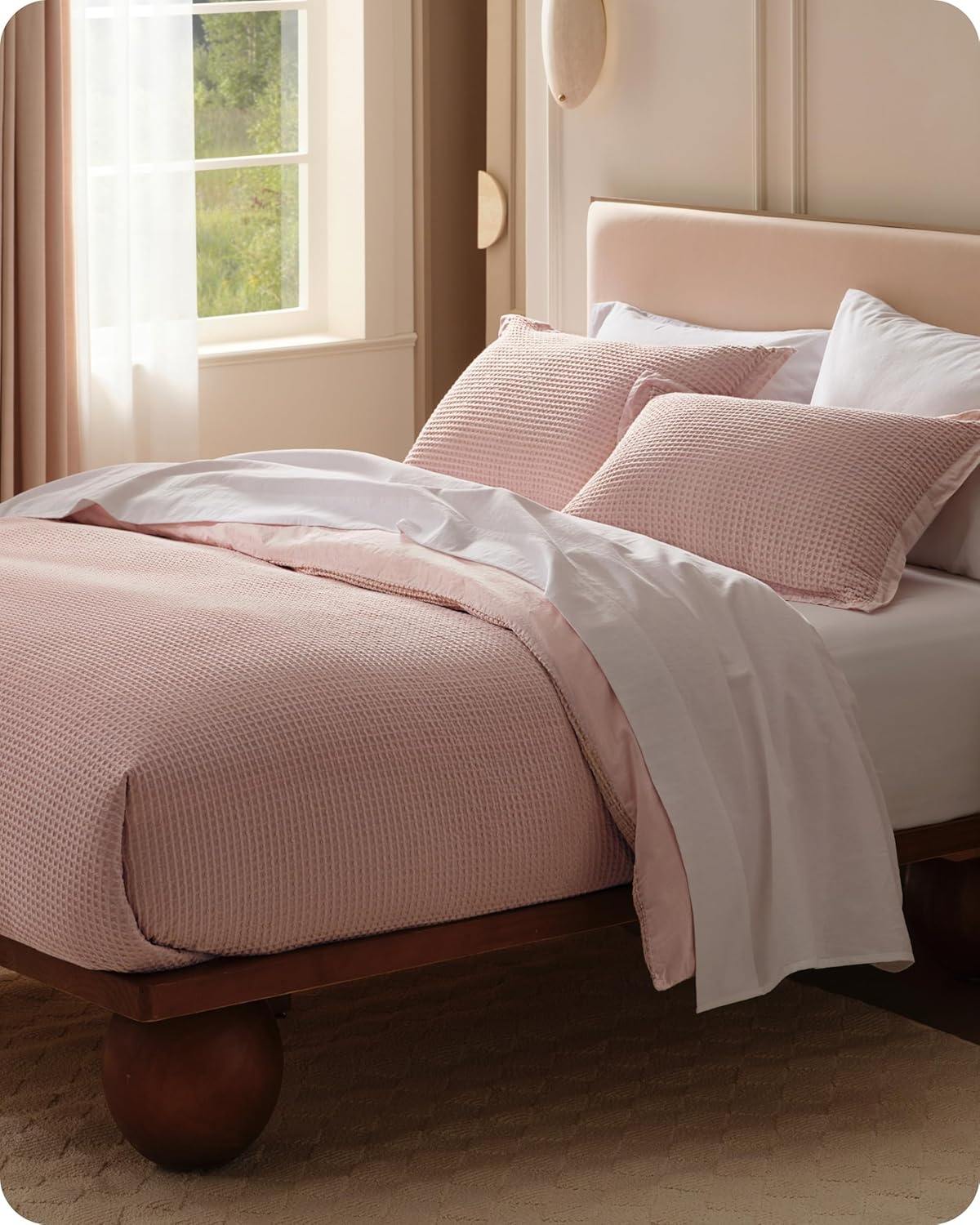 image:imageBedsure PureWoven 3 Pieces 100 Cotton Waffle Duvet Cover Set Queen White Waffle Weave Texture Soft SkinFriendly Breathable AllSeason Machine Washable Home Decor Gift Good Housekeeping Seal09 Pink No Comforter