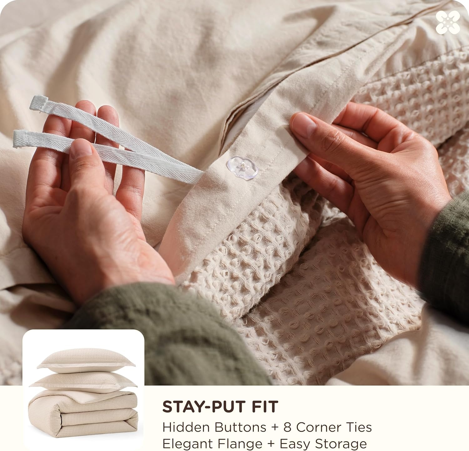 image:imageBedsure PureWoven 3 Pieces 100 Cotton Waffle Duvet Cover Set Queen White Waffle Weave Texture Soft SkinFriendly Breathable AllSeason Machine Washable Home Decor Gift Good Housekeeping Seal03 Beige No Comforter