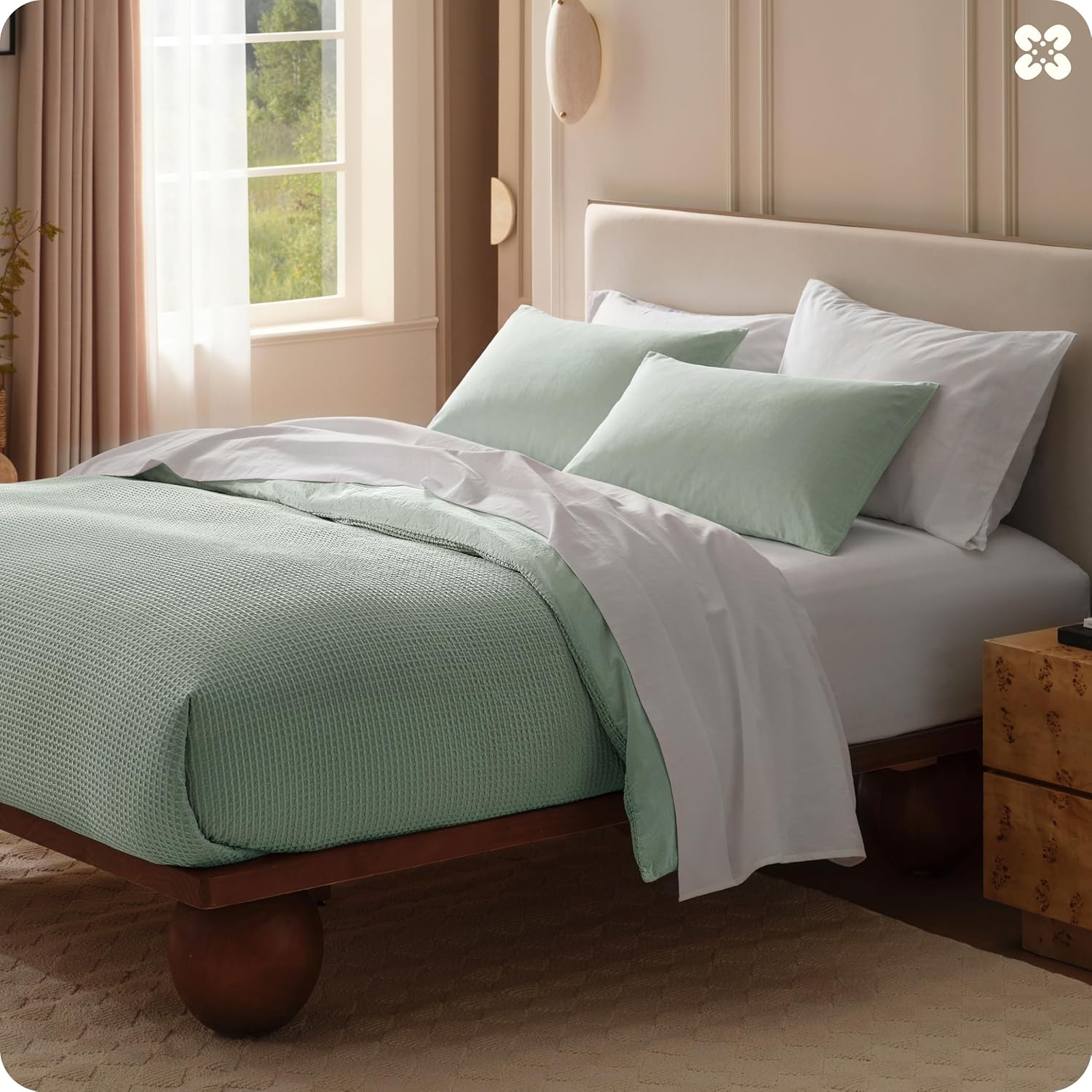 image:imageBedsure PureWoven 3 Pieces 100 Cotton Waffle Duvet Cover Set Queen White Waffle Weave Texture Soft SkinFriendly Breathable AllSeason Machine Washable Home Decor Gift Good Housekeeping Seal11 Sage Green No Comforter