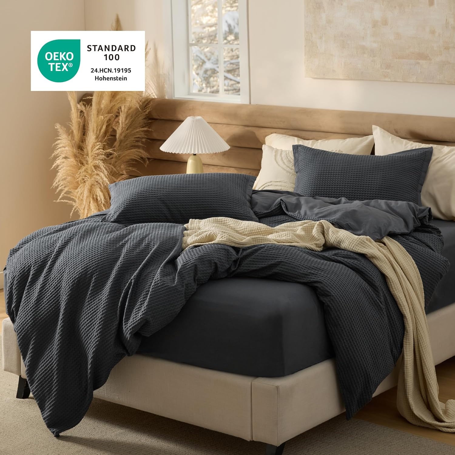 image:imageBedsure PureWoven 3 Pieces 100 Cotton Waffle Duvet Cover Set Queen White Waffle Weave Texture Soft SkinFriendly Breathable AllSeason Machine Washable Home Decor Gift Good Housekeeping Seal19 Charcoal Black No Comforter