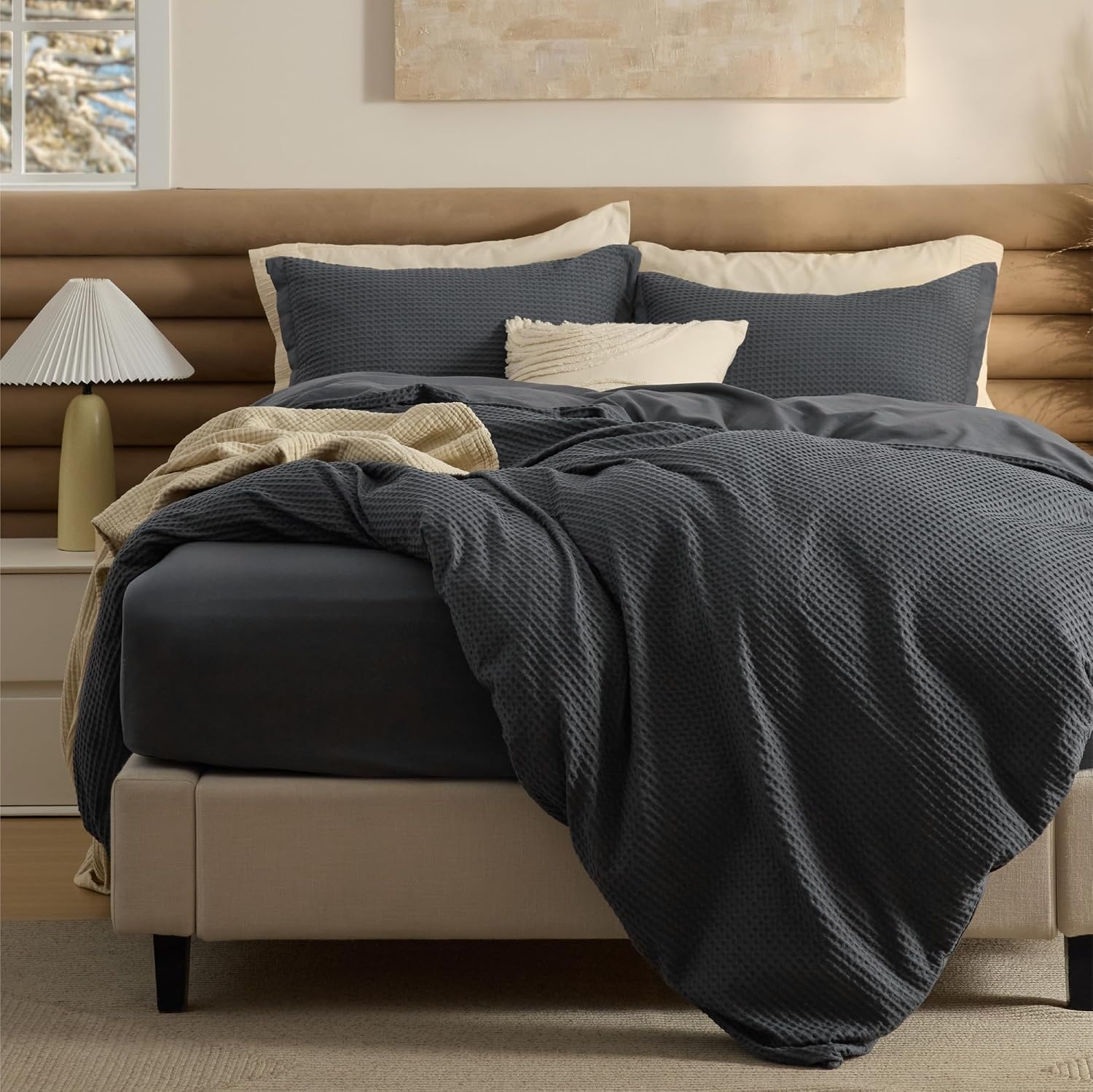 image:imageBedsure PureWoven 3 Pieces 100 Cotton Waffle Duvet Cover Set Queen White Waffle Weave Texture Soft SkinFriendly Breathable AllSeason Machine Washable Home Decor Gift Good Housekeeping Seal19 Charcoal Black No Comforter