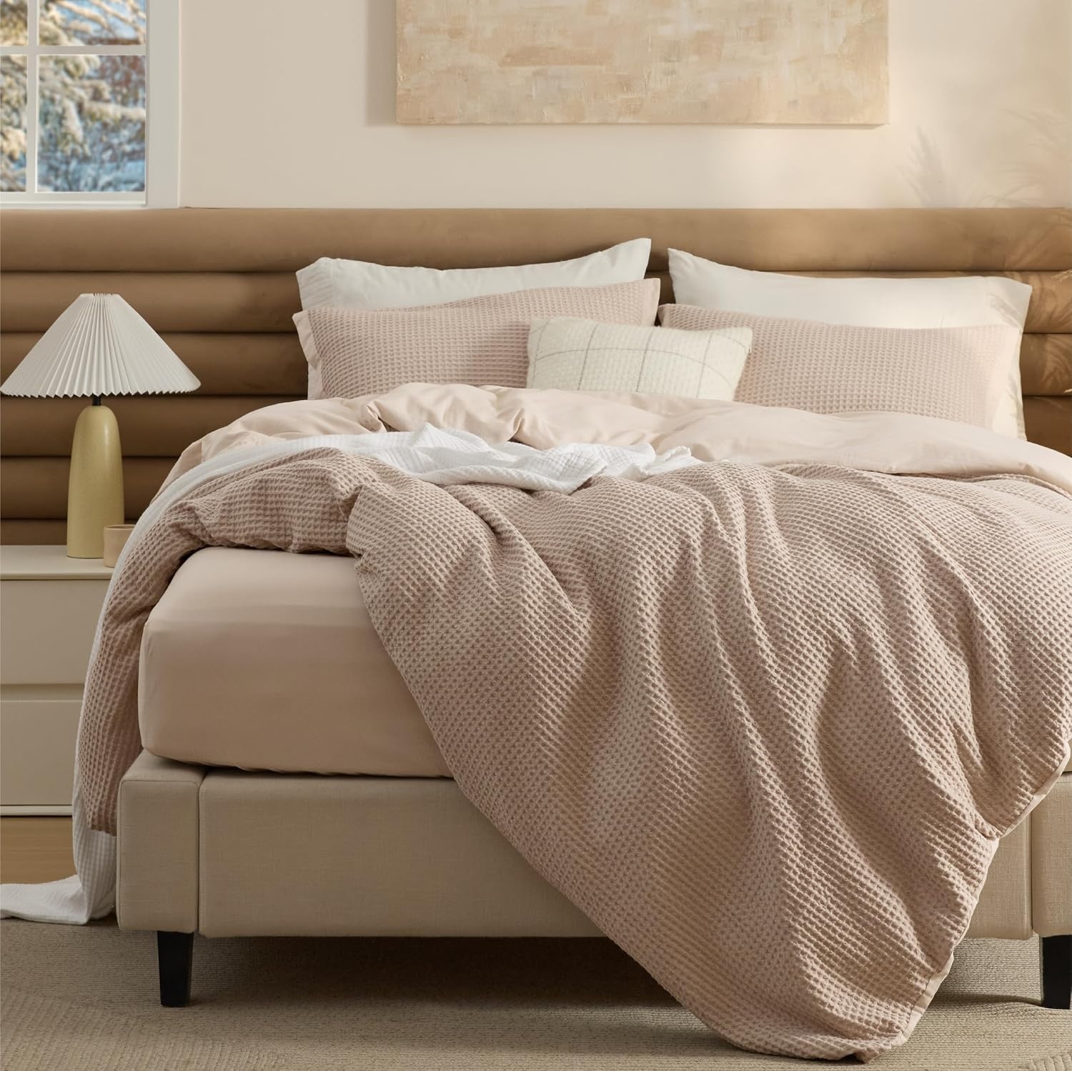 image:imageBedsure PureWoven 3 Pieces 100 Cotton Waffle Duvet Cover Set Queen White Waffle Weave Texture Soft SkinFriendly Breathable AllSeason Machine Washable Home Decor Gift Good Housekeeping Seal05 Khaki No Comforter