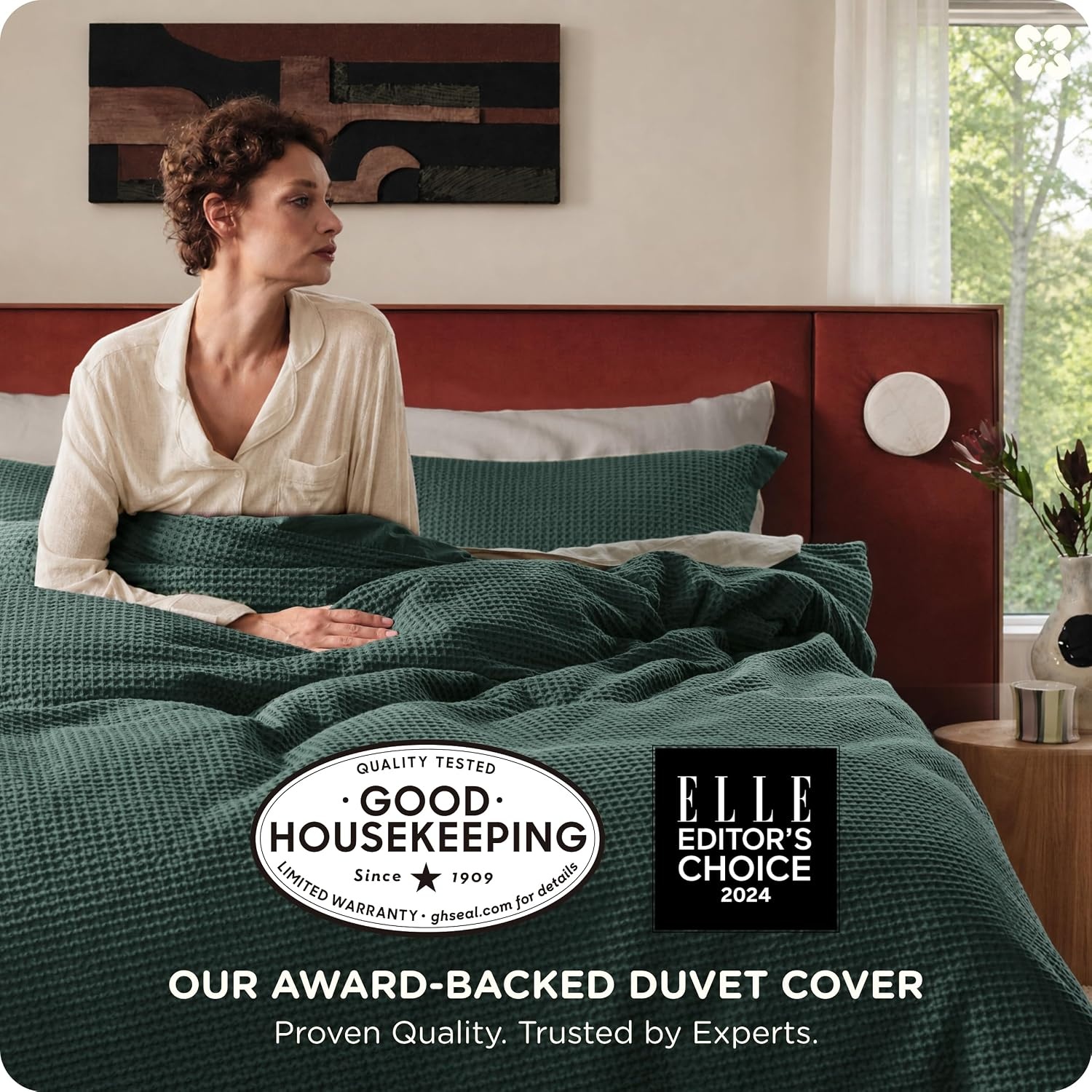 image:imageBedsure PureWoven 3 Pieces 100 Cotton Waffle Duvet Cover Set Queen White Waffle Weave Texture Soft SkinFriendly Breathable AllSeason Machine Washable Home Decor Gift Good Housekeeping Seal13 Forest Green No Comforter