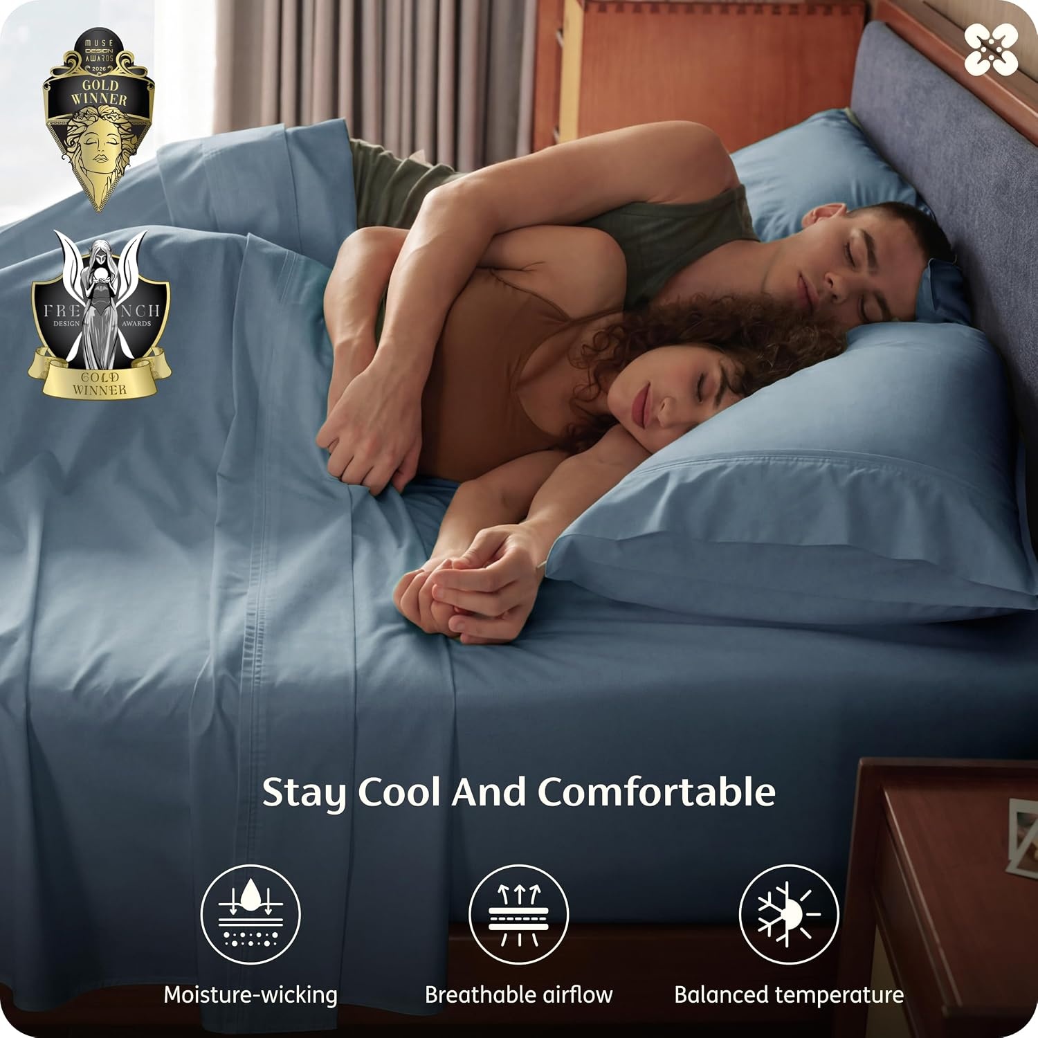 image:imageBedsure PureWoven Bamboo Viscose Cooling Sheets Queen 4 PCS Rayon Cotton Serene Blend Breathable amp Buttery Soft Deep Pocket Up to 18 Hotel Luxury Bedding for Hot Sleepers WhiteDusty Blue