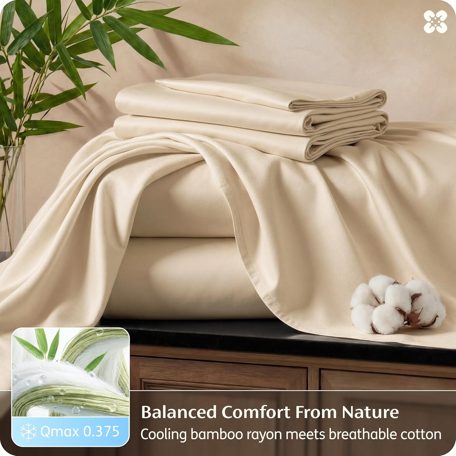 image:imageBedsure PureWoven Bamboo Viscose Cooling Sheets Queen 4 PCS Rayon Cotton Serene Blend Breathable amp Buttery Soft Deep Pocket Up to 18 Hotel Luxury Bedding for Hot Sleepers WhiteBeige