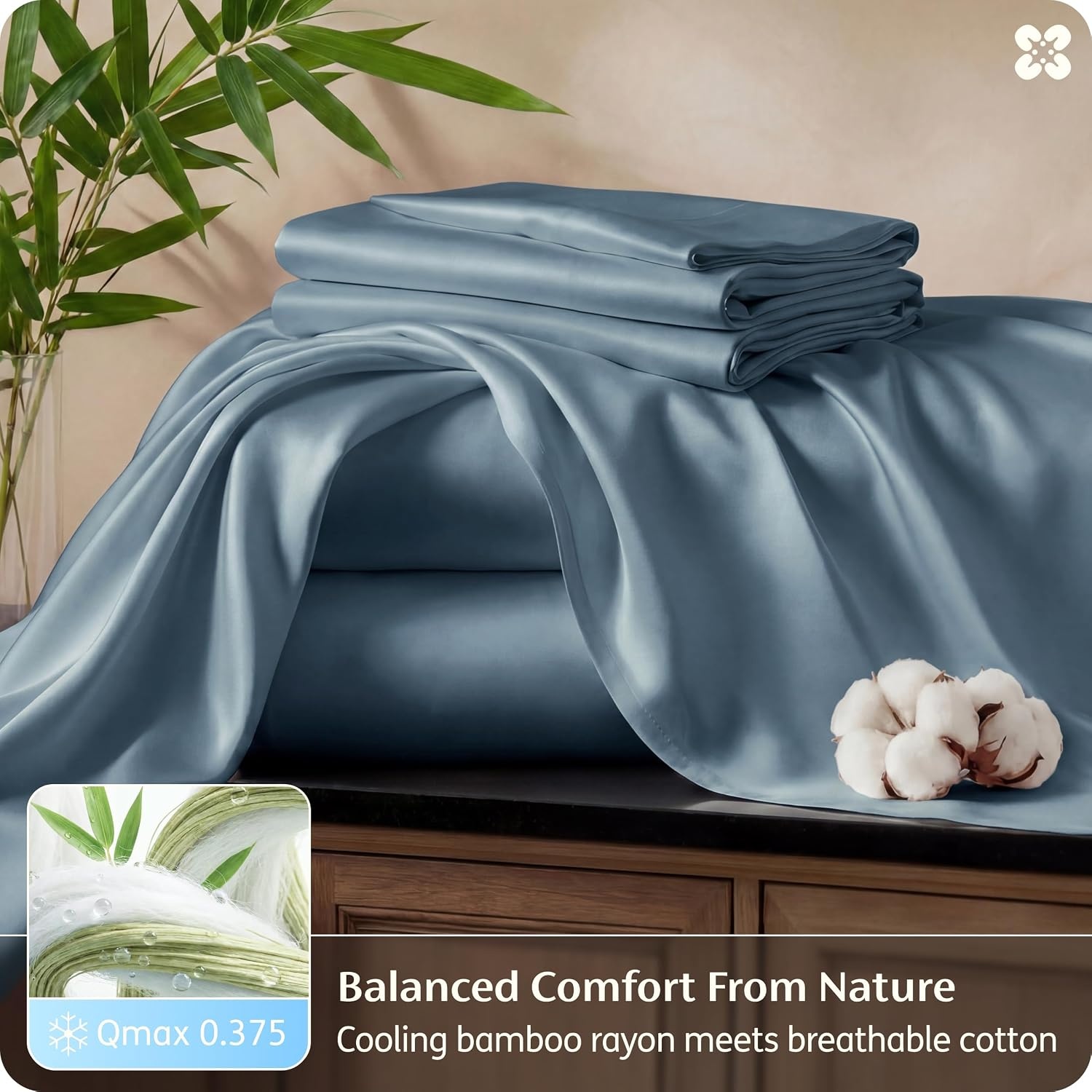 image:imageBedsure PureWoven Bamboo Viscose Cooling Sheets Queen 4 PCS Rayon Cotton Serene Blend Breathable amp Buttery Soft Deep Pocket Up to 18 Hotel Luxury Bedding for Hot Sleepers WhiteDusty Blue