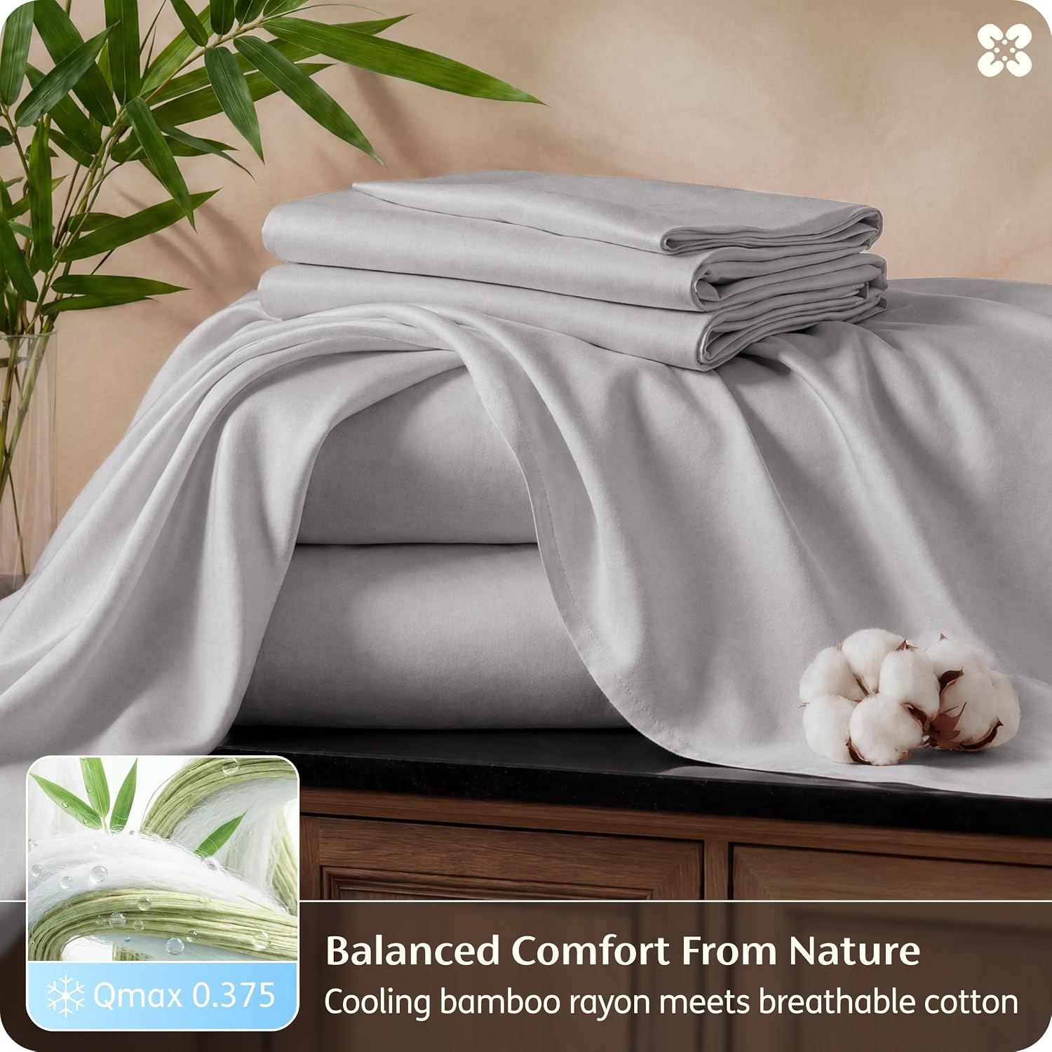 image:imageBedsure PureWoven Bamboo Viscose Cooling Sheets Queen 4 PCS Rayon Cotton Serene Blend Breathable amp Buttery Soft Deep Pocket Up to 18 Hotel Luxury Bedding for Hot Sleepers WhiteGrey
