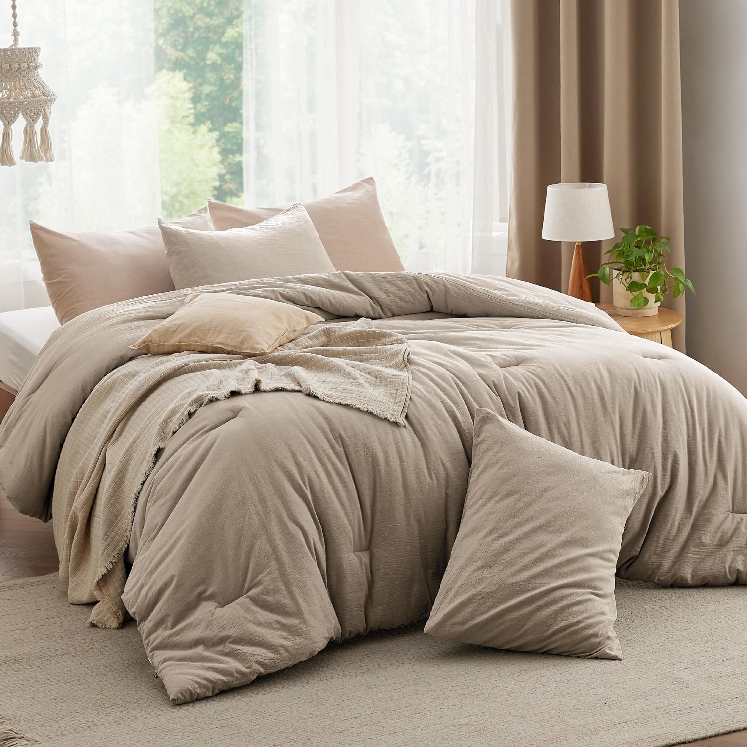 image:imageBedsure PureWoven Cotton Comforter Set Prewashed Queen Grayish Olive Green Cotton Fabric Microfiber Inner Fill Soft Breathable Natural Wrinkle 1 Comforter90 X 90 2 Pillow Shams20x2607 Taupe