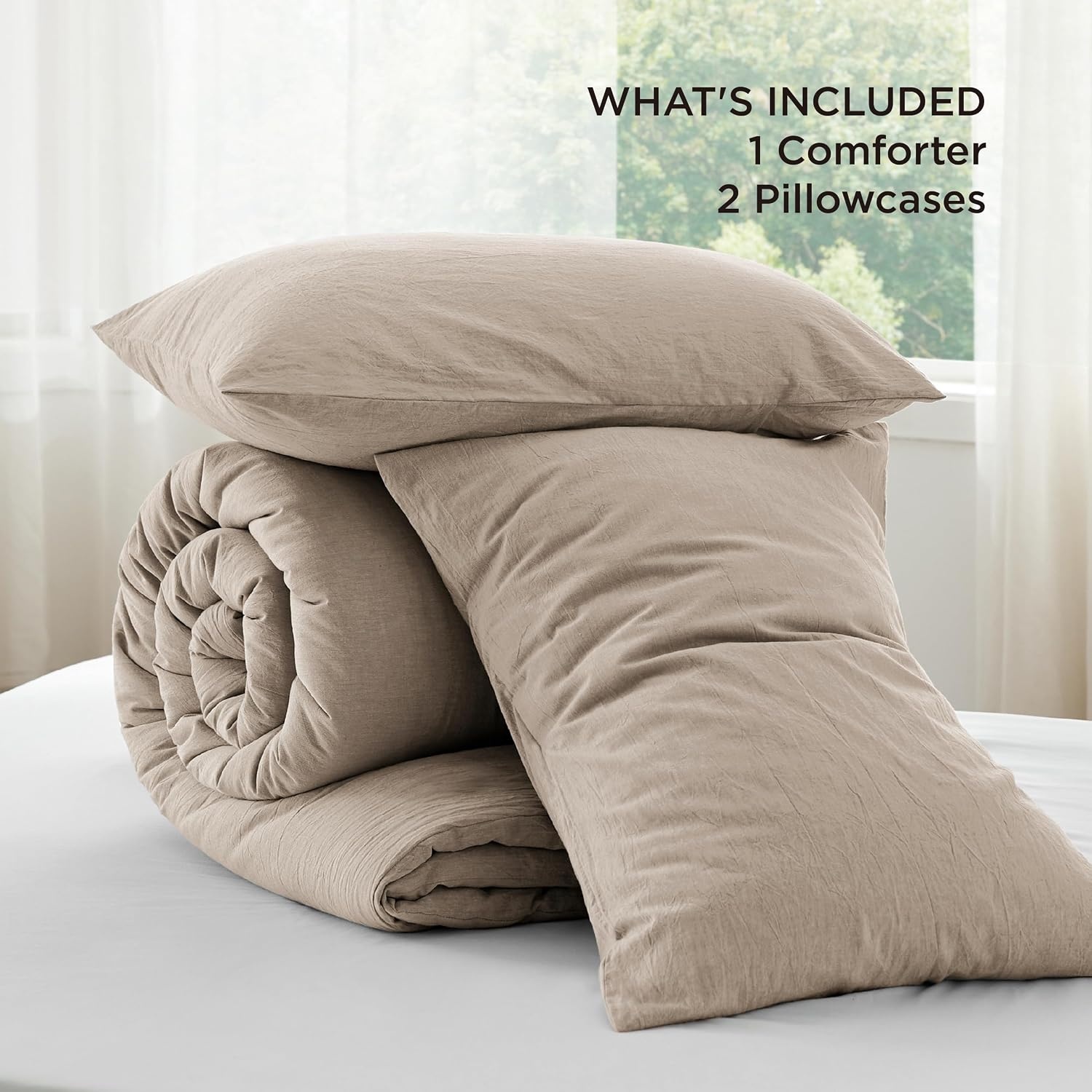 image:imageBedsure PureWoven Cotton Comforter Set Prewashed Queen Grayish Olive Green Cotton Fabric Microfiber Inner Fill Soft Breathable Natural Wrinkle 1 Comforter90 X 90 2 Pillow Shams20x2607 Taupe