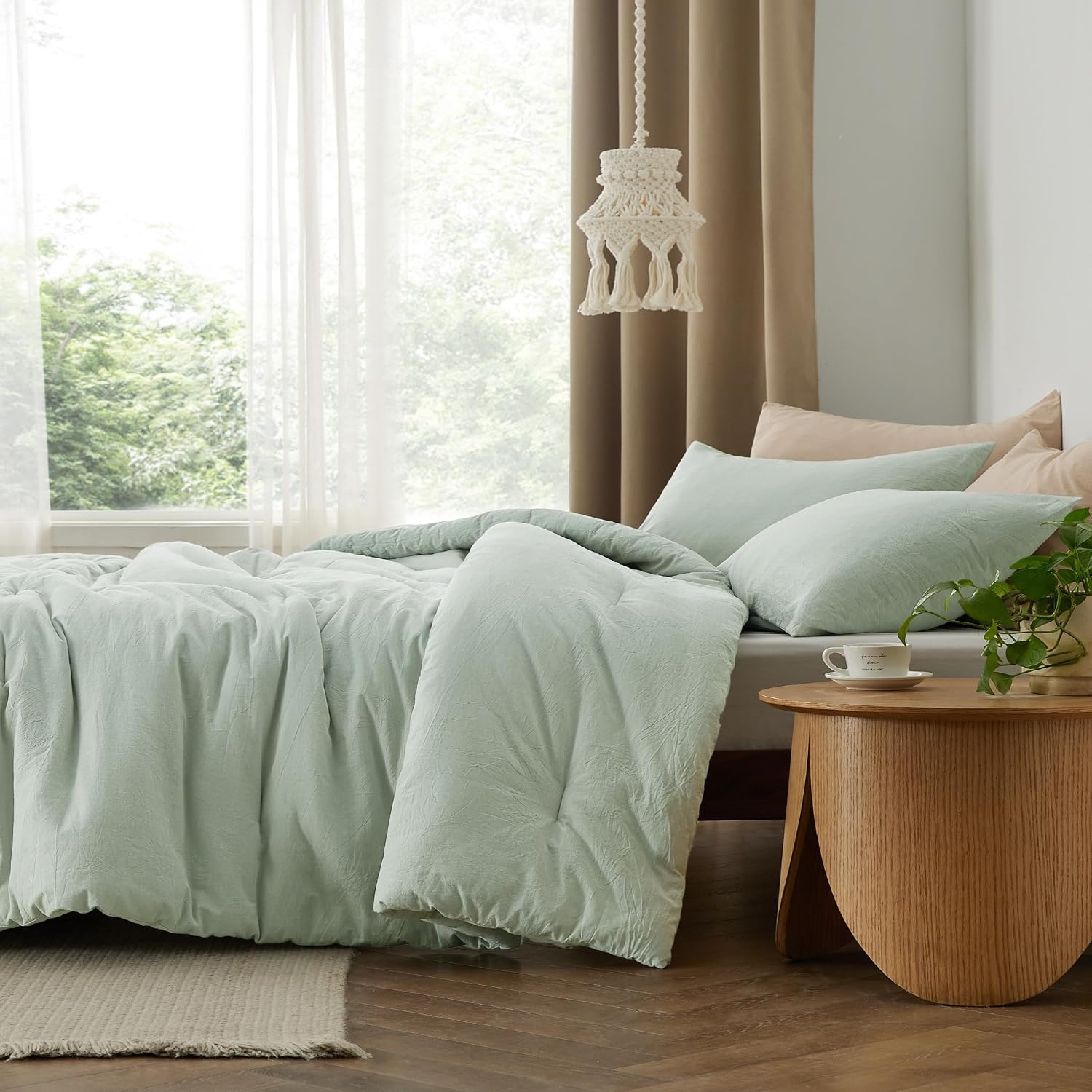 image:imageBedsure PureWoven Cotton Comforter Set Prewashed Queen Grayish Olive Green Cotton Fabric Microfiber Inner Fill Soft Breathable Natural Wrinkle 1 Comforter90 X 90 2 Pillow Shams20x2611 Sage Green