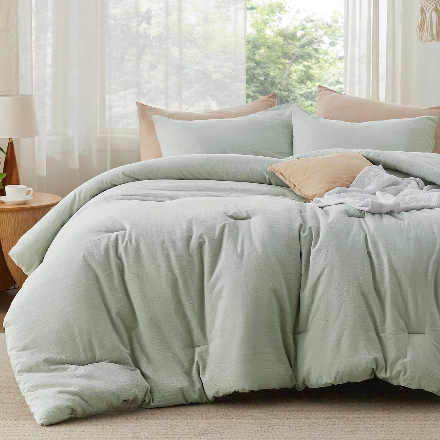 image:imageBedsure PureWoven Cotton Comforter Set Prewashed Queen Grayish Olive Green Cotton Fabric Microfiber Inner Fill Soft Breathable Natural Wrinkle 1 Comforter90 X 90 2 Pillow Shams20x2611 Sage Green
