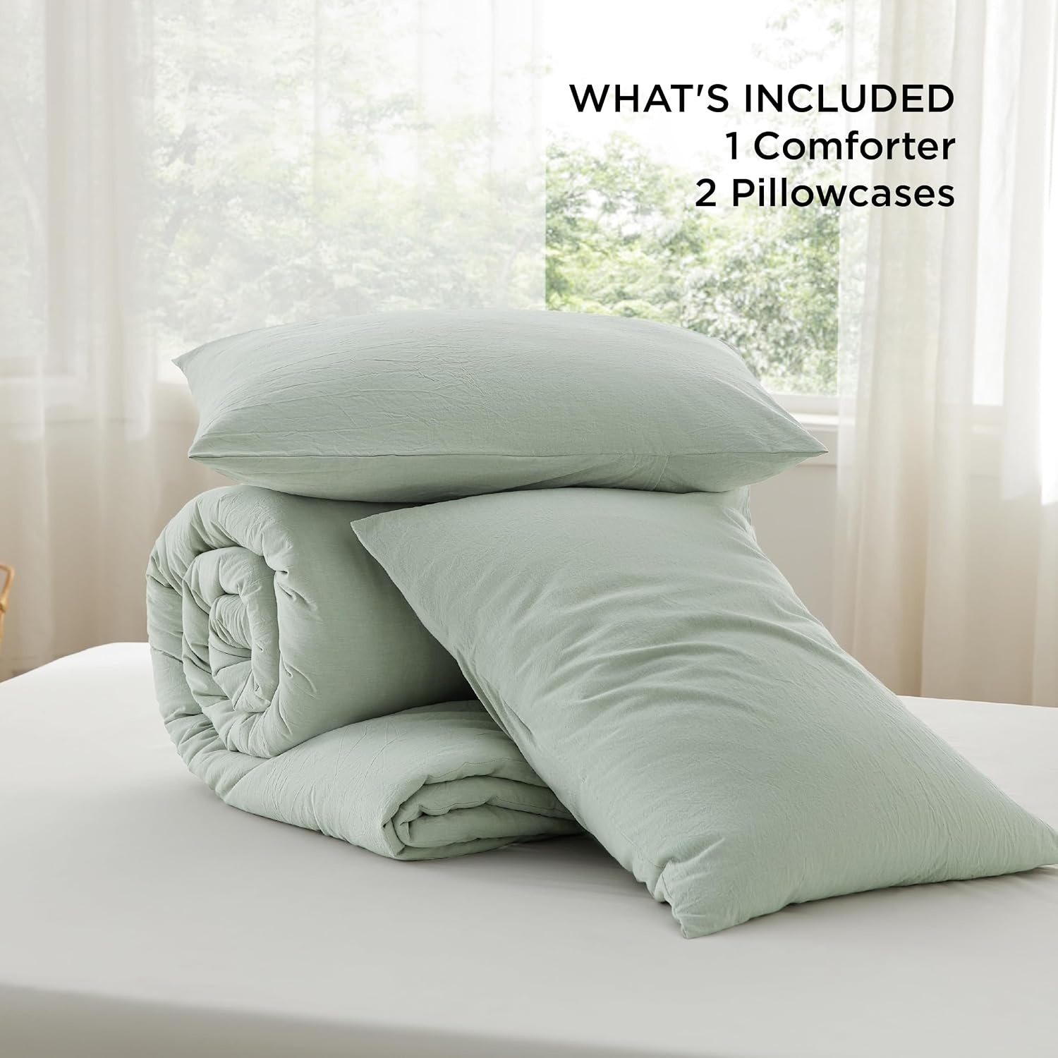 image:imageBedsure PureWoven Cotton Comforter Set Prewashed Queen Grayish Olive Green Cotton Fabric Microfiber Inner Fill Soft Breathable Natural Wrinkle 1 Comforter90 X 90 2 Pillow Shams20x2611 Sage Green
