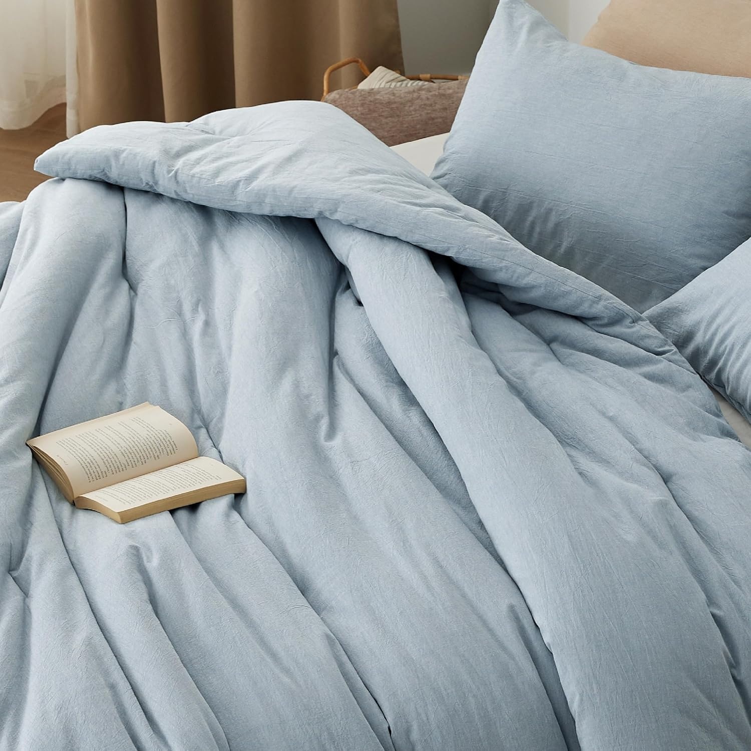 image:imageBedsure PureWoven Cotton Comforter Set Prewashed Queen Grayish Olive Green Cotton Fabric Microfiber Inner Fill Soft Breathable Natural Wrinkle 1 Comforter90 X 90 2 Pillow Shams20x2609 Mineral Blue