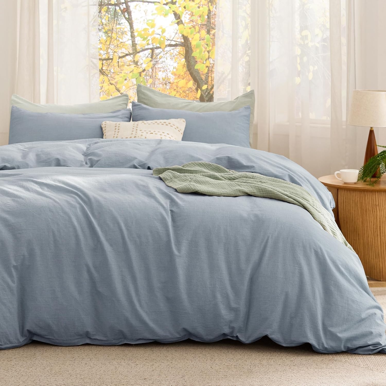image:imageBedsure PureWoven Cotton Comforter Set Prewashed Queen Grayish Olive Green Cotton Fabric Microfiber Inner Fill Soft Breathable Natural Wrinkle 1 Comforter90 X 90 2 Pillow Shams20x2609 Mineral Blue