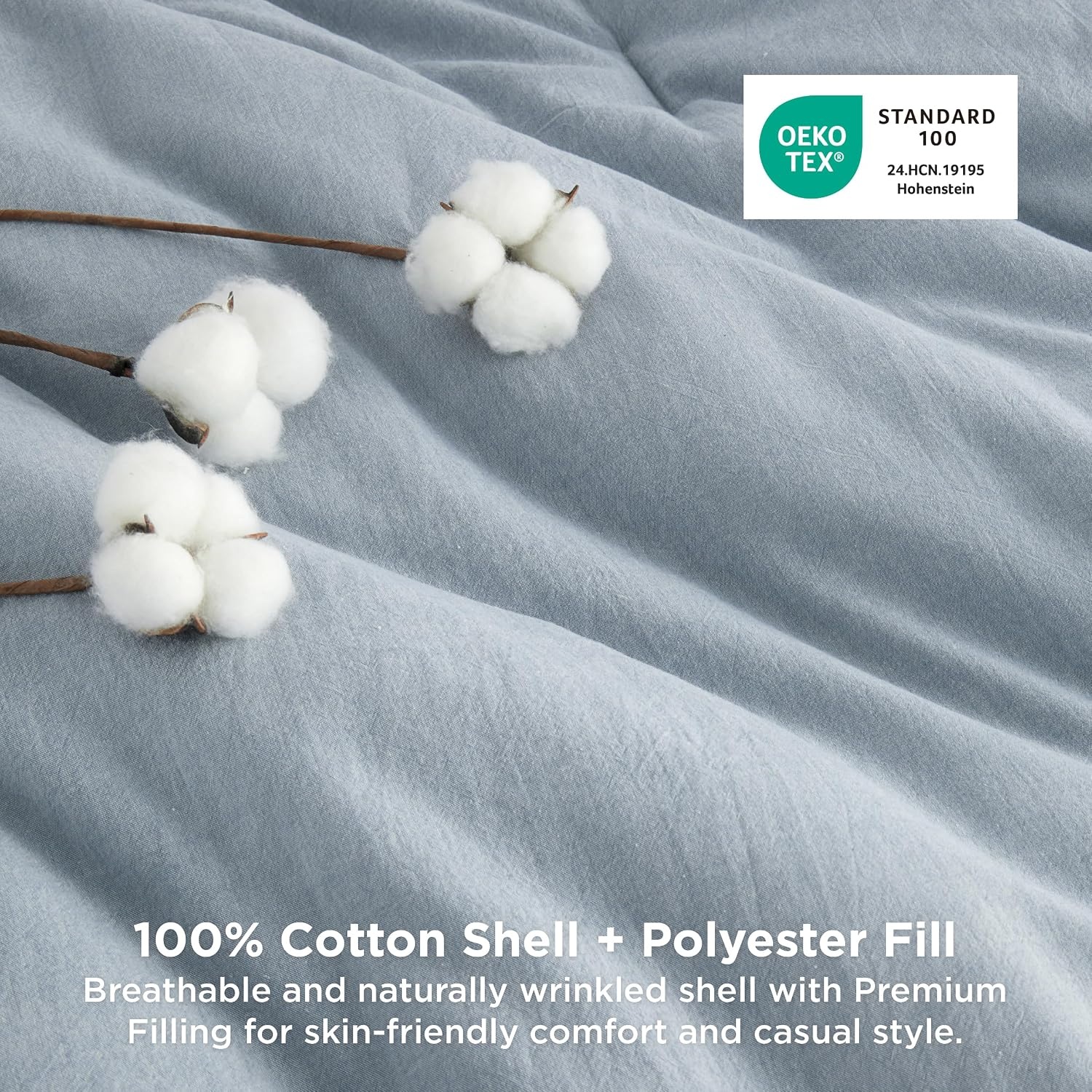image:imageBedsure PureWoven Cotton Comforter Set Prewashed Queen Grayish Olive Green Cotton Fabric Microfiber Inner Fill Soft Breathable Natural Wrinkle 1 Comforter90 X 90 2 Pillow Shams20x2609 Mineral Blue
