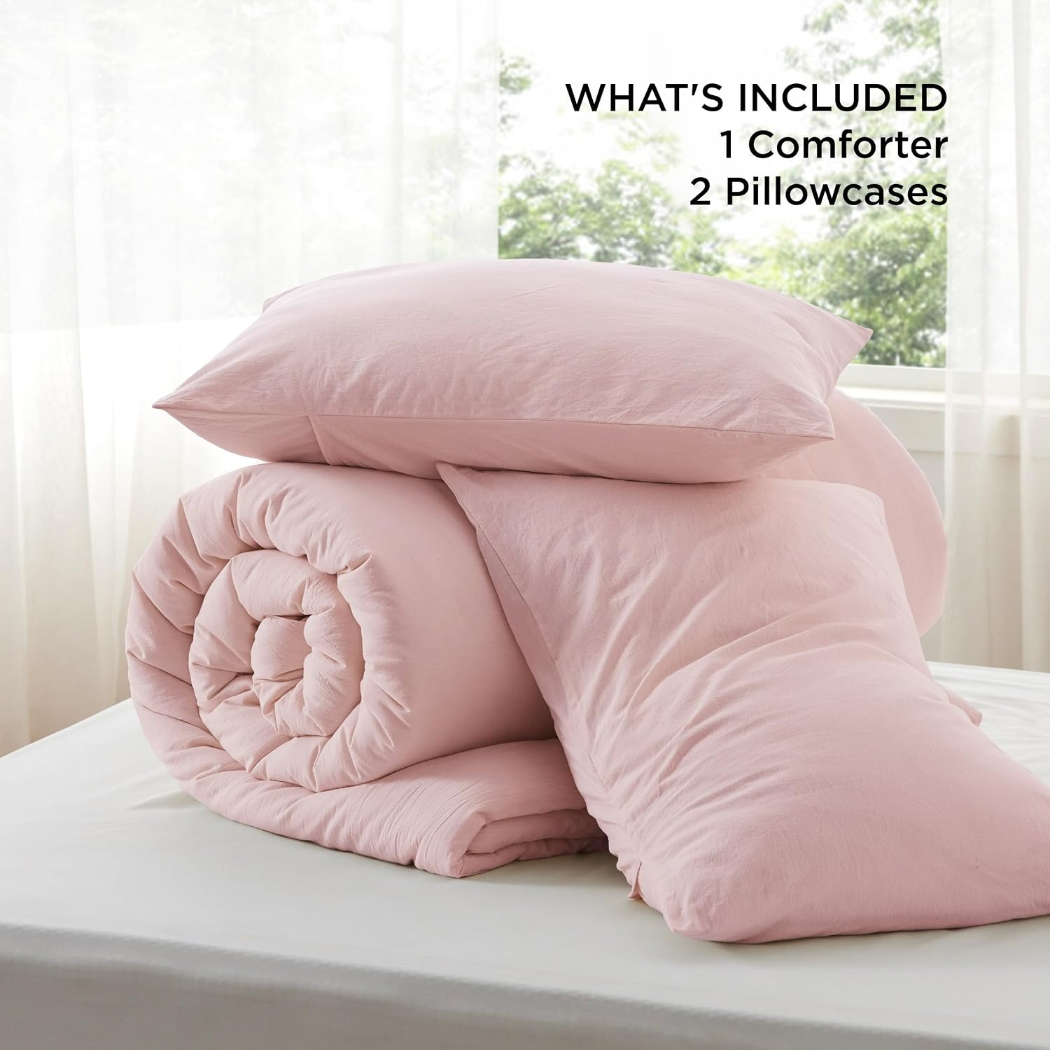 image:imageBedsure PureWoven Cotton Comforter Set Prewashed Queen Grayish Olive Green Cotton Fabric Microfiber Inner Fill Soft Breathable Natural Wrinkle 1 Comforter90 X 90 2 Pillow Shams20x2600 Light Pink