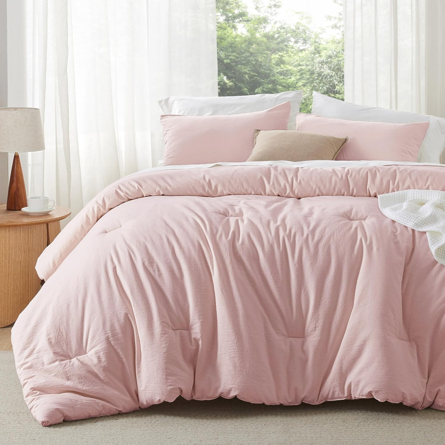 image:imageBedsure PureWoven Cotton Comforter Set Prewashed Queen Grayish Olive Green Cotton Fabric Microfiber Inner Fill Soft Breathable Natural Wrinkle 1 Comforter90 X 90 2 Pillow Shams20x2600 Light Pink