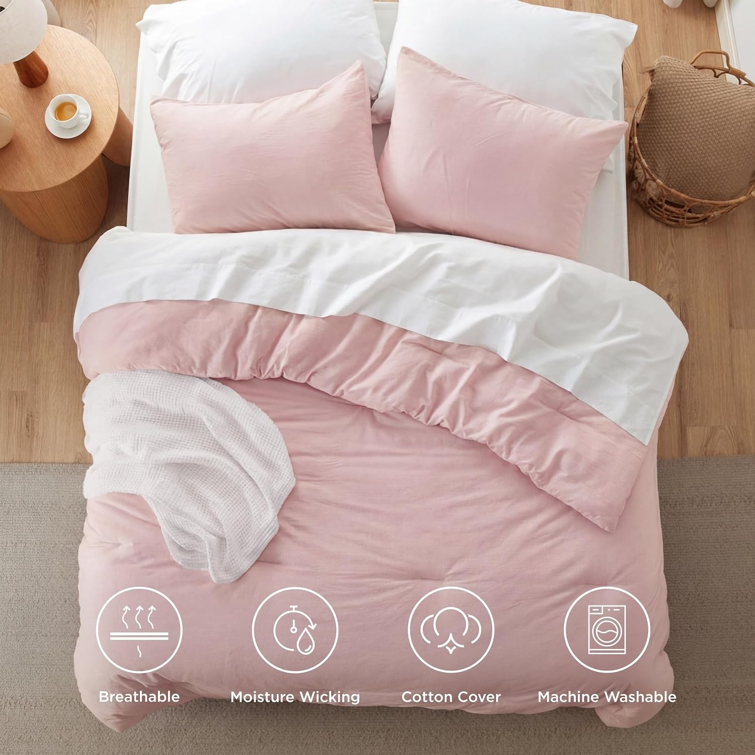image:imageBedsure PureWoven Cotton Comforter Set Prewashed Queen Grayish Olive Green Cotton Fabric Microfiber Inner Fill Soft Breathable Natural Wrinkle 1 Comforter90 X 90 2 Pillow Shams20x2600 Light Pink