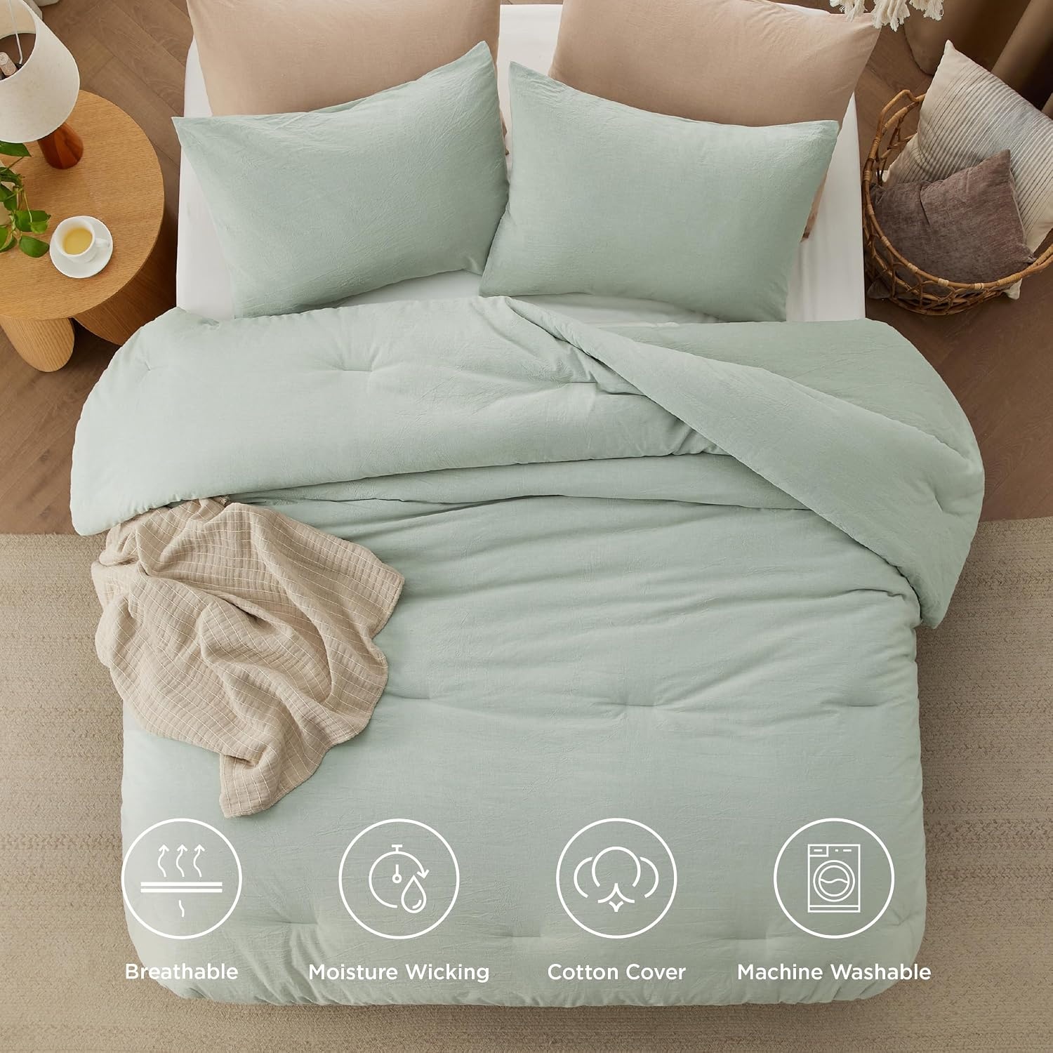 image:imageBedsure PureWoven Cotton Comforter Set Prewashed Queen Grayish Olive Green Cotton Fabric Microfiber Inner Fill Soft Breathable Natural Wrinkle 1 Comforter90 X 90 2 Pillow Shams20x2611 Sage Green