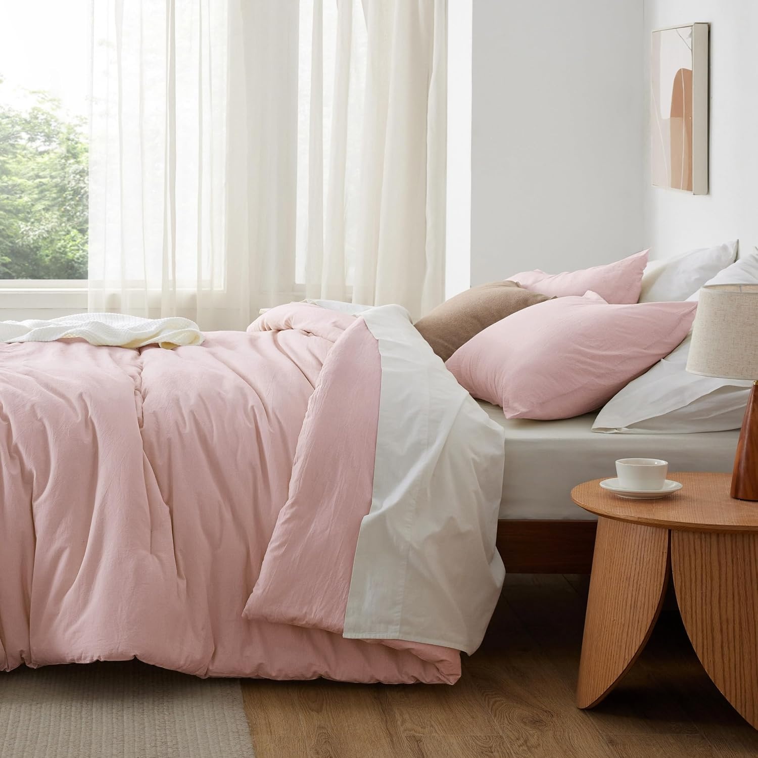 image:imageBedsure PureWoven Cotton Comforter Set Prewashed Queen Grayish Olive Green Cotton Fabric Microfiber Inner Fill Soft Breathable Natural Wrinkle 1 Comforter90 X 90 2 Pillow Shams20x2600 Light Pink